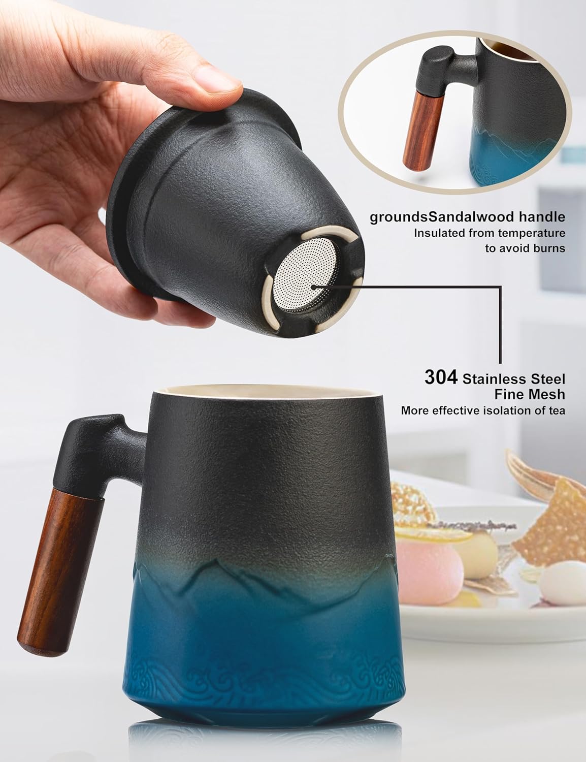 suyika Tea Cup with Infuser and Lid, 15.2 Ounce Wood Handle Ceramic Loose Leaf Mug Gradient Black&Blue 450ml - Image 4