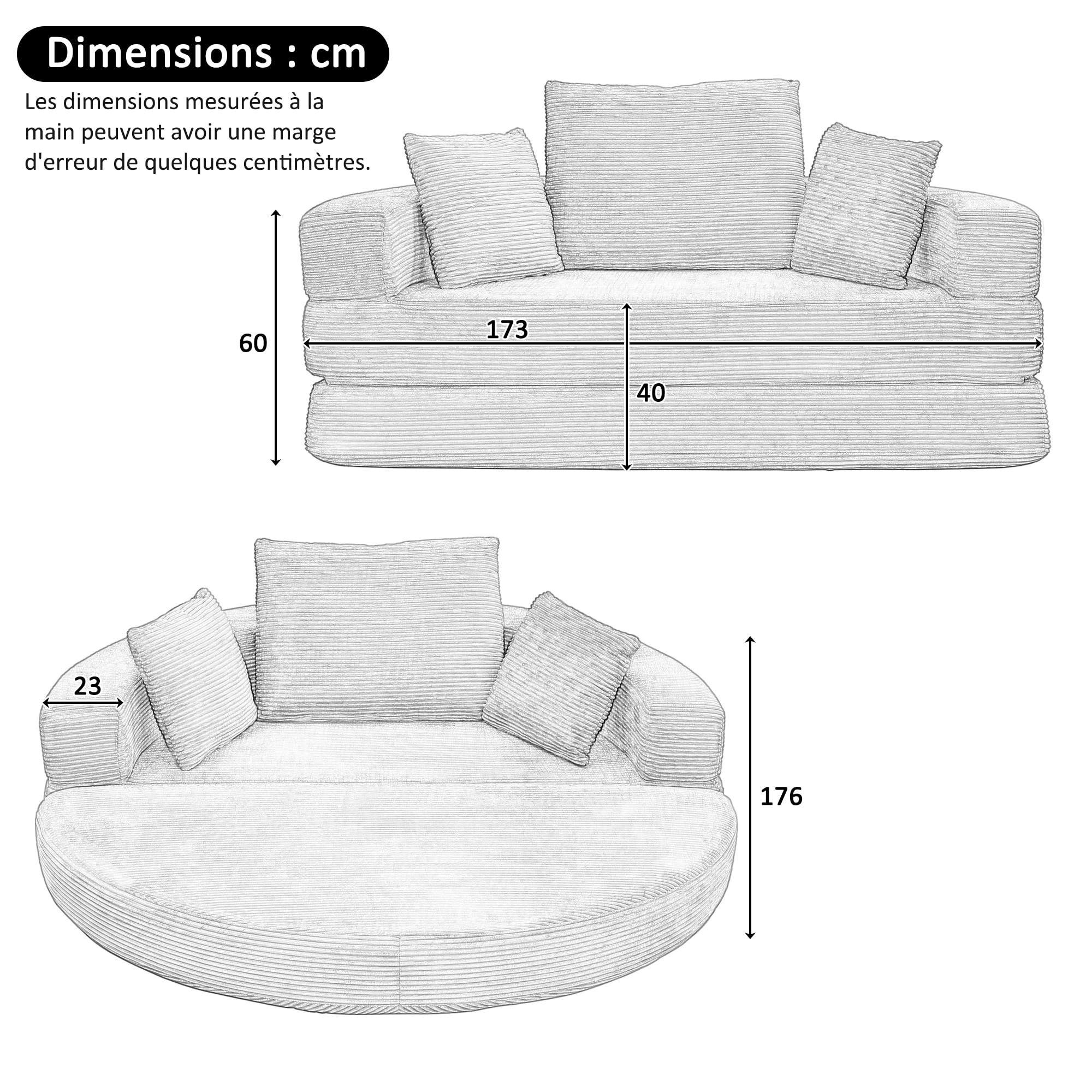 Divano letto pieghevole ovale 173x176 cm, divano letto 2 in 1, tessuto in velluto a coste, divano 1-2 posti con 3 cuscini, senza montaggio, per soggiorno, ufficio, appartamento