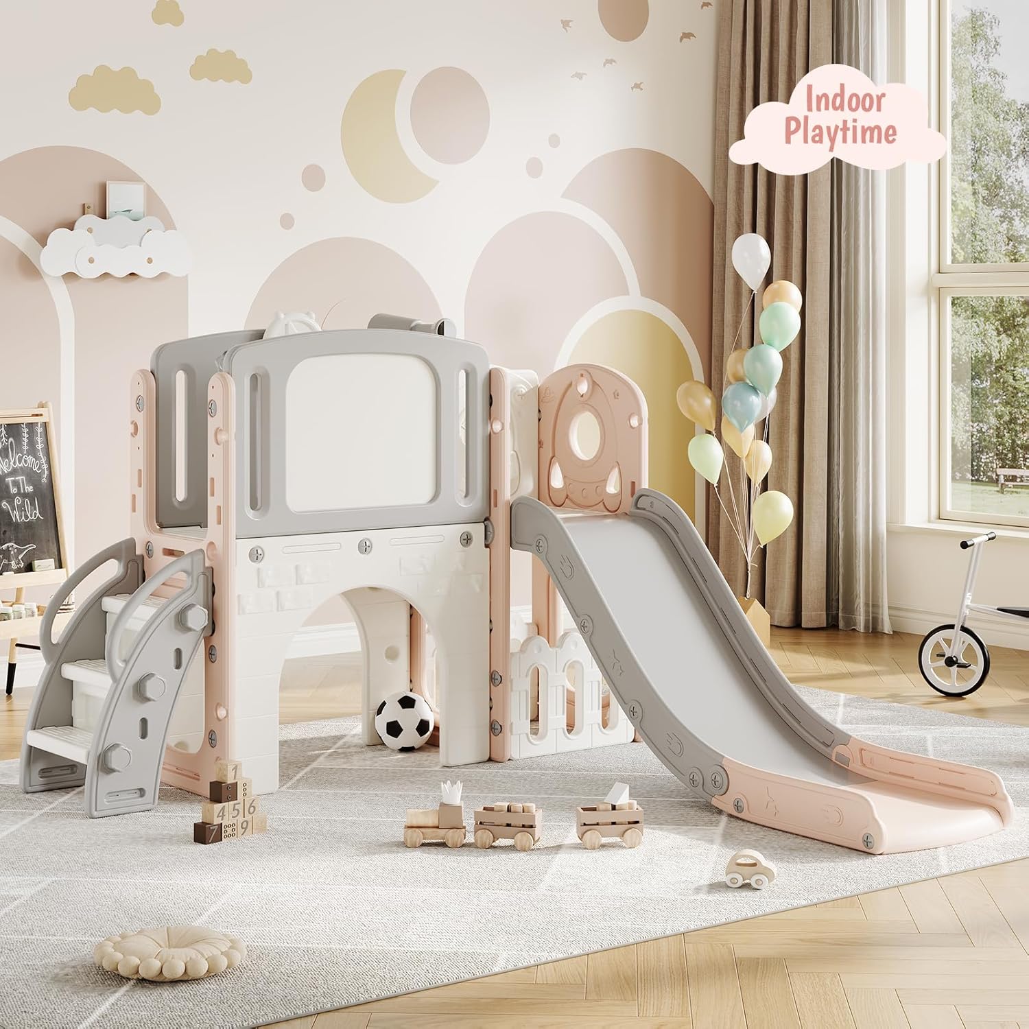 8-in-1 Toddler Slide Set with Climbing Ladder, Tunnel, Telescope & Basketball Hoop, Indoor Outdoor Playground Climber with Drawing Board & Storage, Kids Play Toy for Toddlers Age 1-3,Light Pink