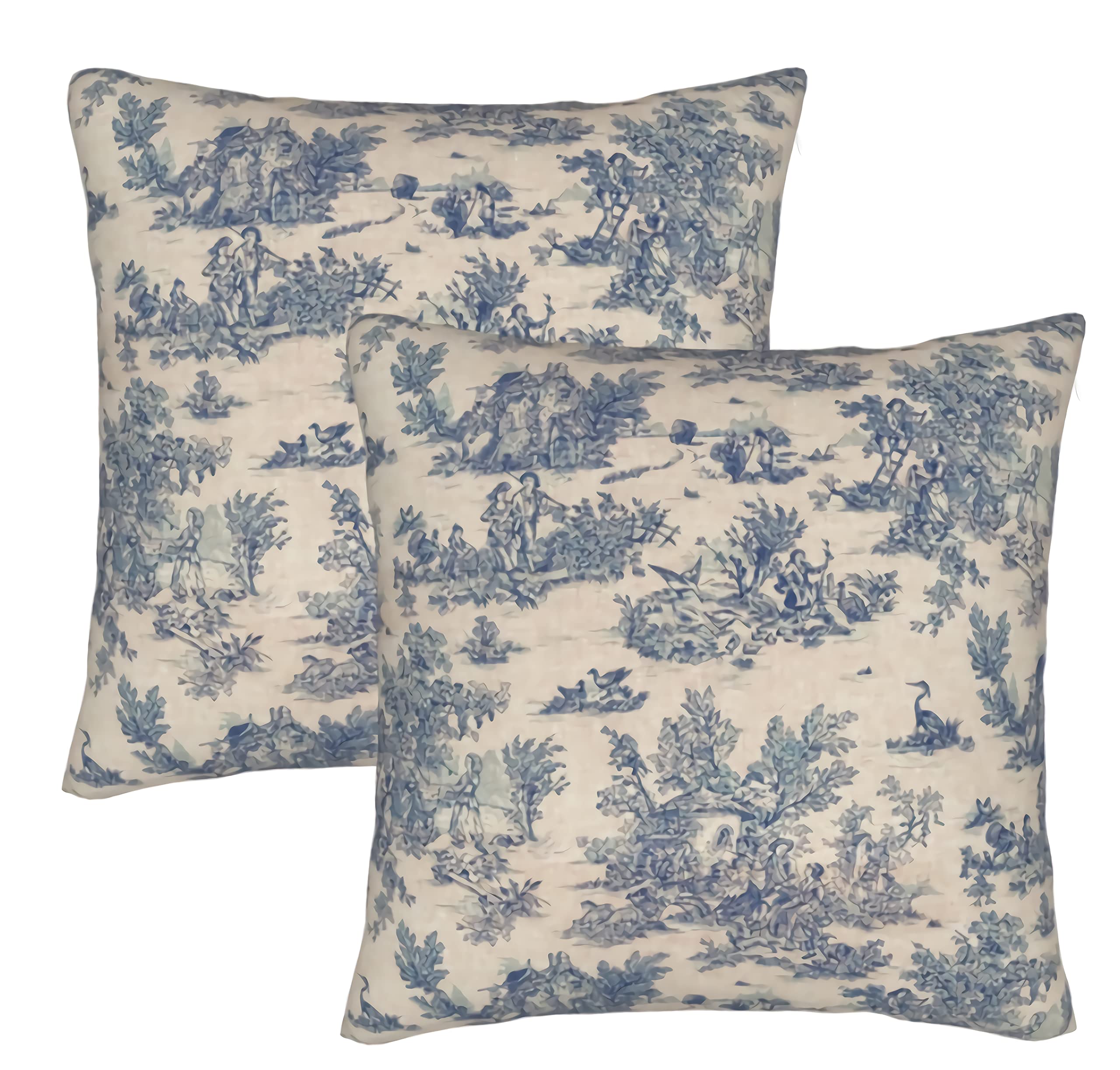 Worldwood Throw Pillow Covers Blue Toile De Jouy Country, French Vintage Square Cushion Case 2 Pack 20 X 20 Inch Decorative Lumbar Pillow Cover for Couch Sofa - Double Sided