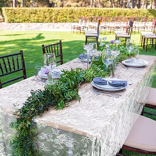 Miniatura 4 de Chumia Mantel rectangular de encaje de 60 x 120 pulgadas, mantel rústico superpuesto con rosa bordado vintage para boda, recepción, fiesta,