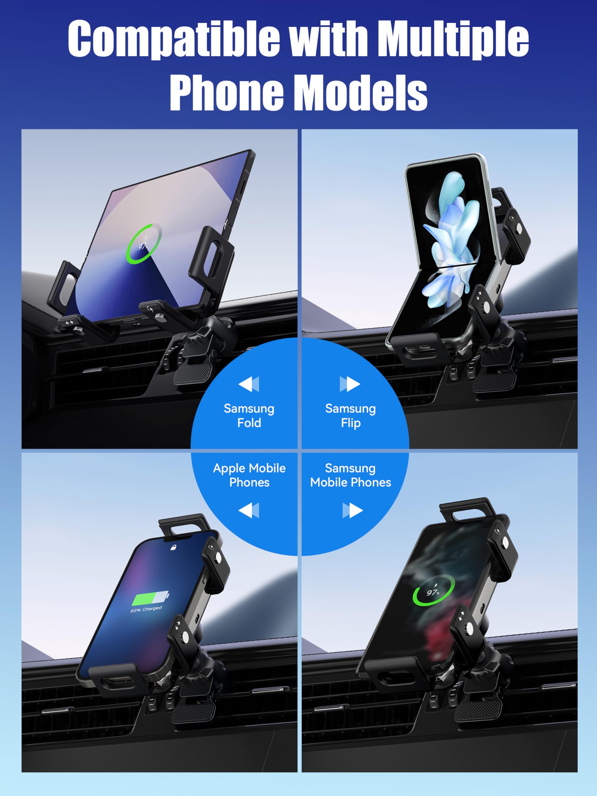 Support de téléphone pour voiture à double bobine, chargeur sans fil voiture QI 15W, compatible avec Samsung Galaxy Z Fold/Flip 6/5/4/3, Support de capteur de téléphone portable pour Google 8a/9 pro/9