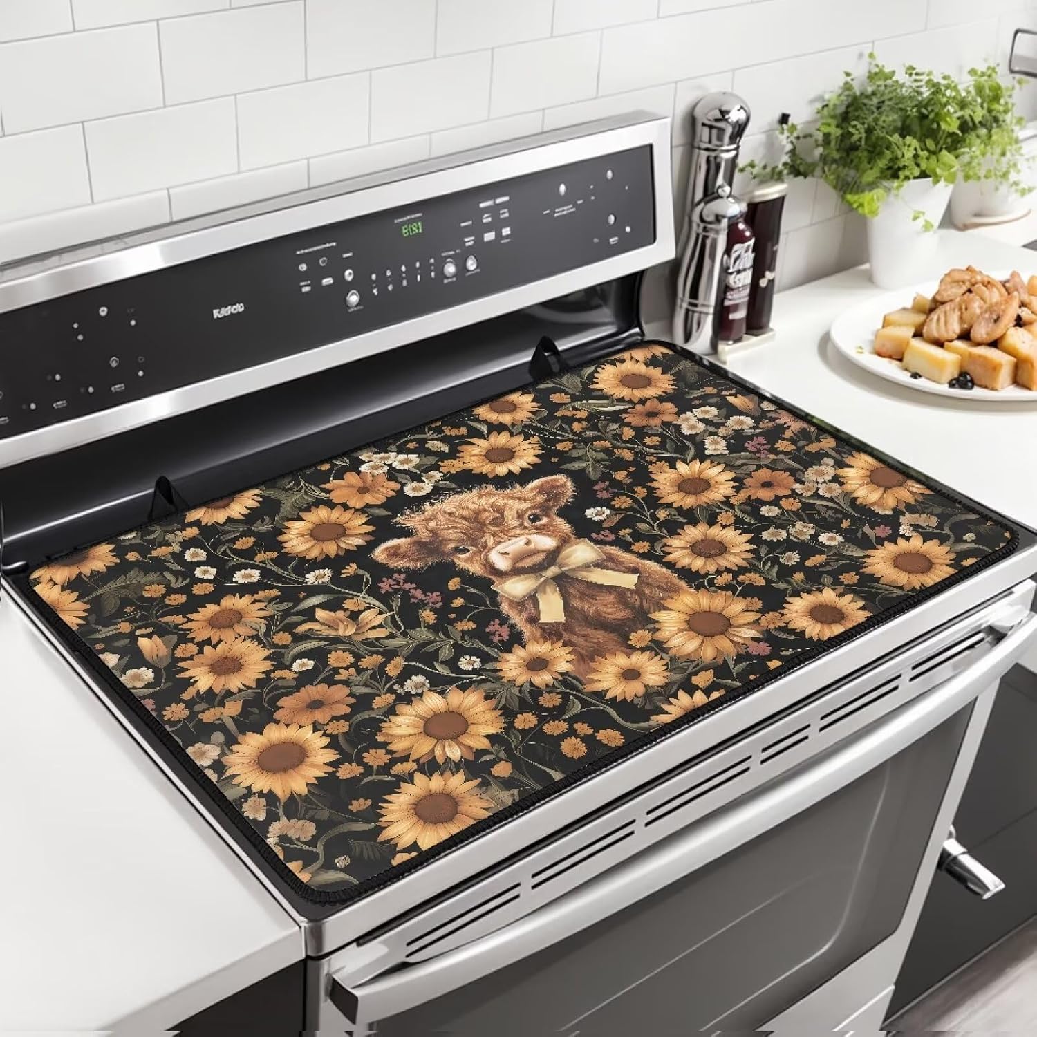 Highland Cattle Sunflower Daisy Print Stove Top Cover 29.18x20.96 inch Non-Slip Stove Mat Multipurpose Waterproof Stove Top Cover Kitchen Decor Washable Heat Resistant Glass Cooktop Mat