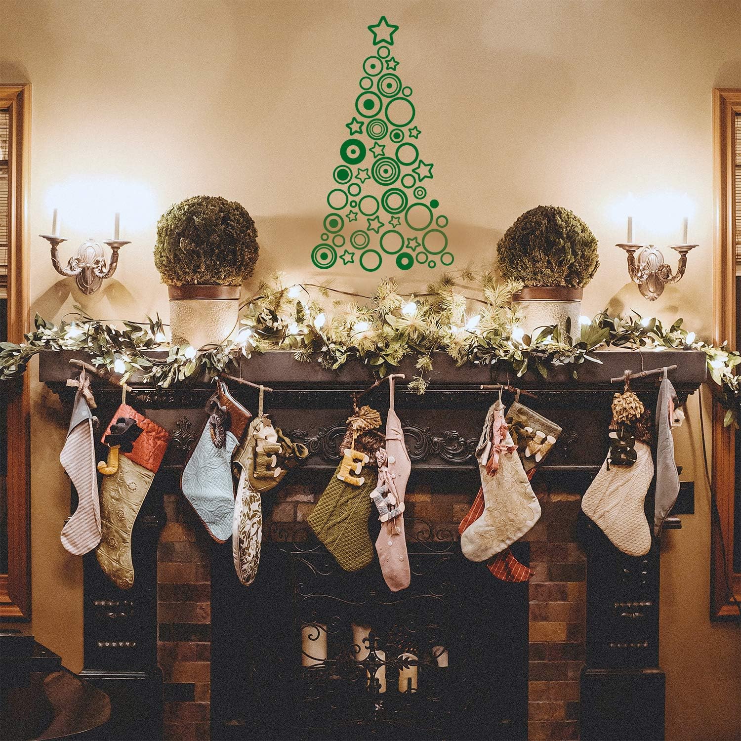 Vinyl Wall Art Decal - Circles and Stars Christmas Tree - 36 x 20 - Seasonal Holiday Decor Sticker - Indoor Outdoor Home Office Wall Door Window Bedroom Workplace Decals (36 x 20, Green)