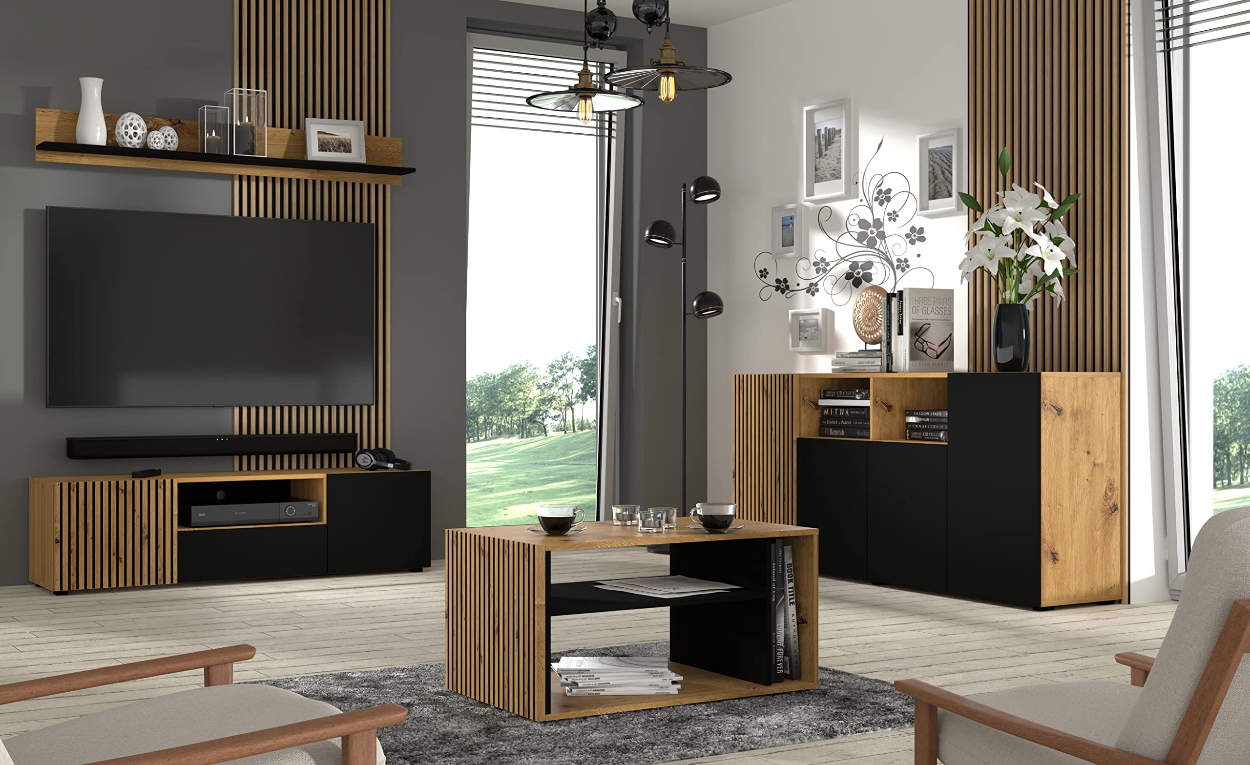 BIM Furniture Auris - Vitrina de cristal (115 cm), color negro mate