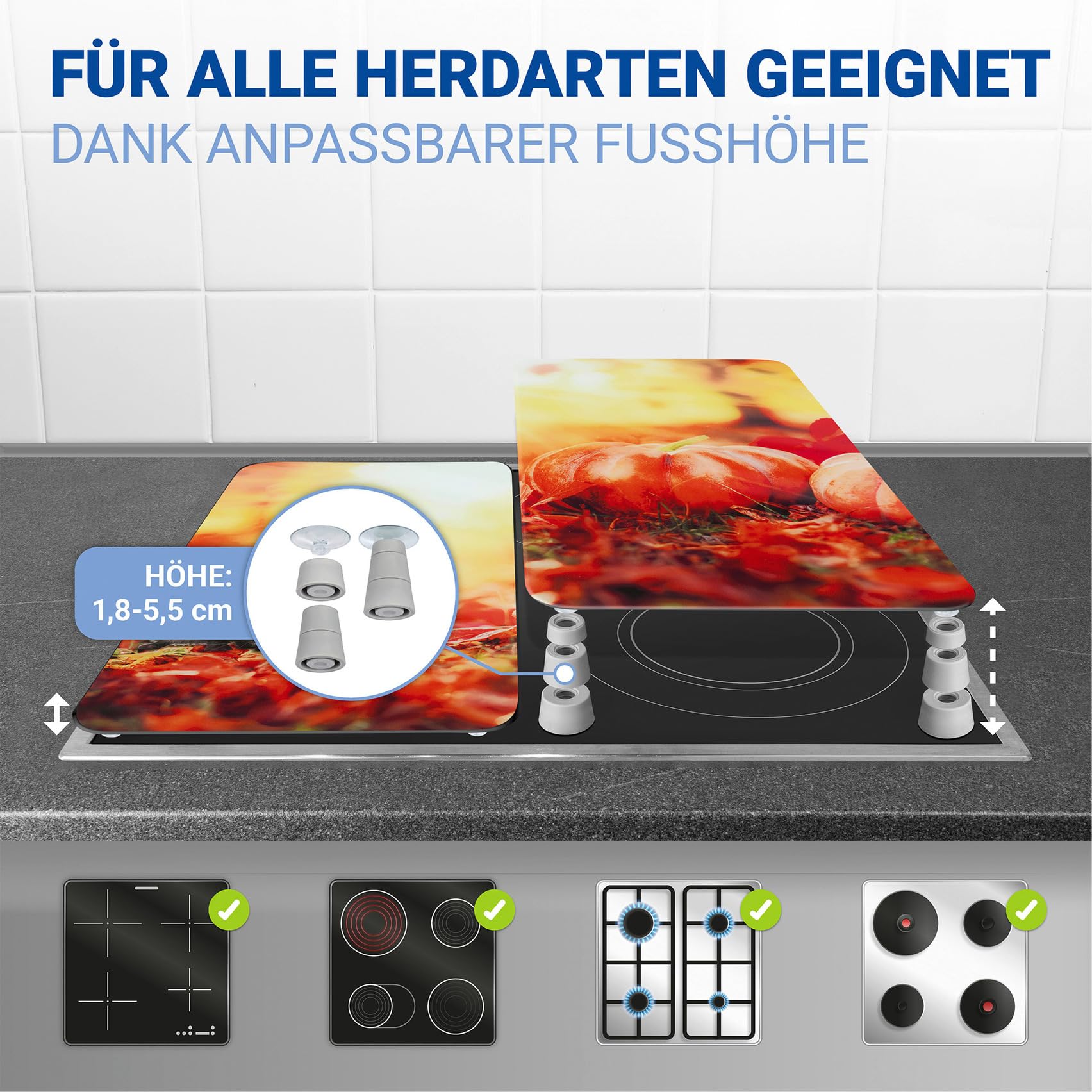 WENKO Plaque de Recouvrement Universelle Mod Automne, réglable en hauteur pour tous types de cuisinières, planche à découper et protection anti-éclaboussures, verre, 30 x 52 cm, 2 pièces