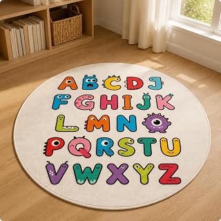 Alphabet Educational Rug Soft Round Kids Rug Cheerful Youngsters Floor Mat for Bedroom 120x120cm Alphabet 03