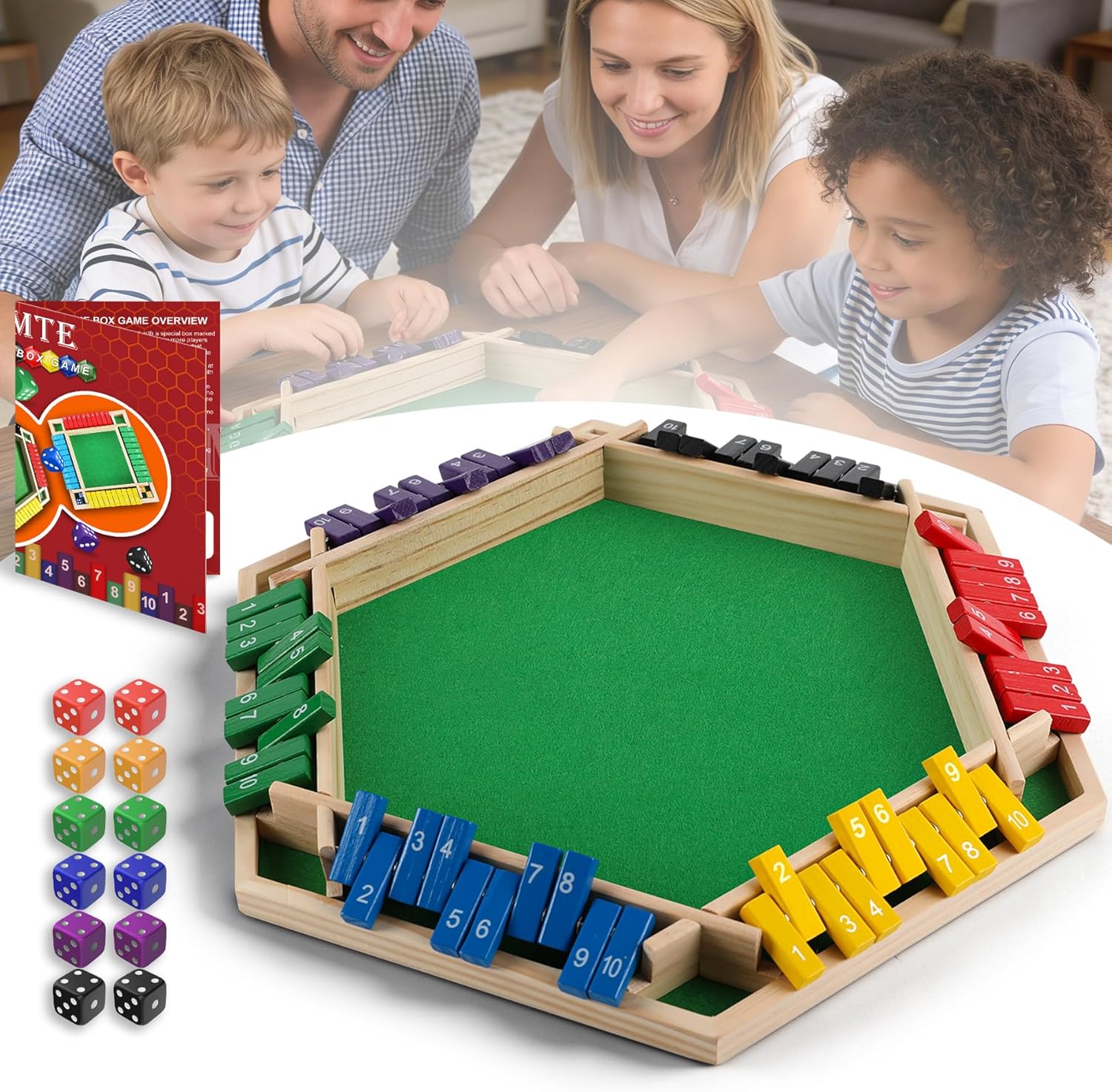 Shut The Box Game for 1-6 Players, Wooden Dice Board Game with 10 Numbers, Classic Pub Math Game for Family & Kids, Portable Size, Great Gift