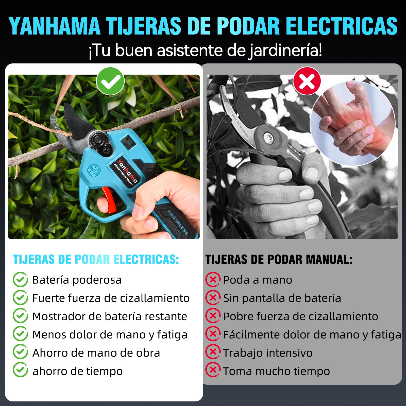 Tijeras de Podar Electricas 50 mm Tijeras de Podar Batería profesionales con 2 * 2000 mAh, Hoja SK5, Motor sin Escobillas, Pantalla LCD para Jardinería, Árboles Frutales, Viñedos