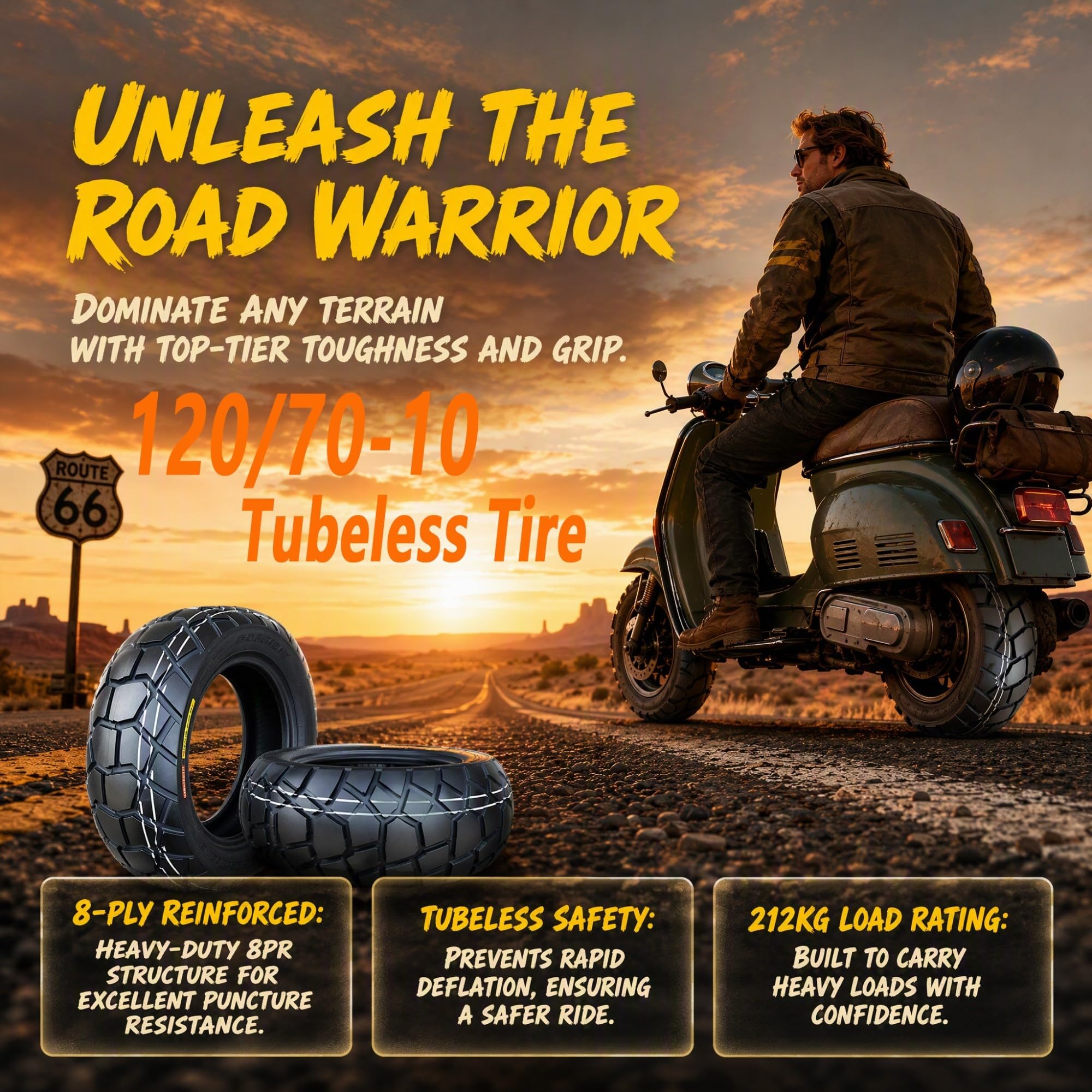 120/70-10 Pneumatico Tubeless per Cerchio 10in Moto, 8PR Rinforzato