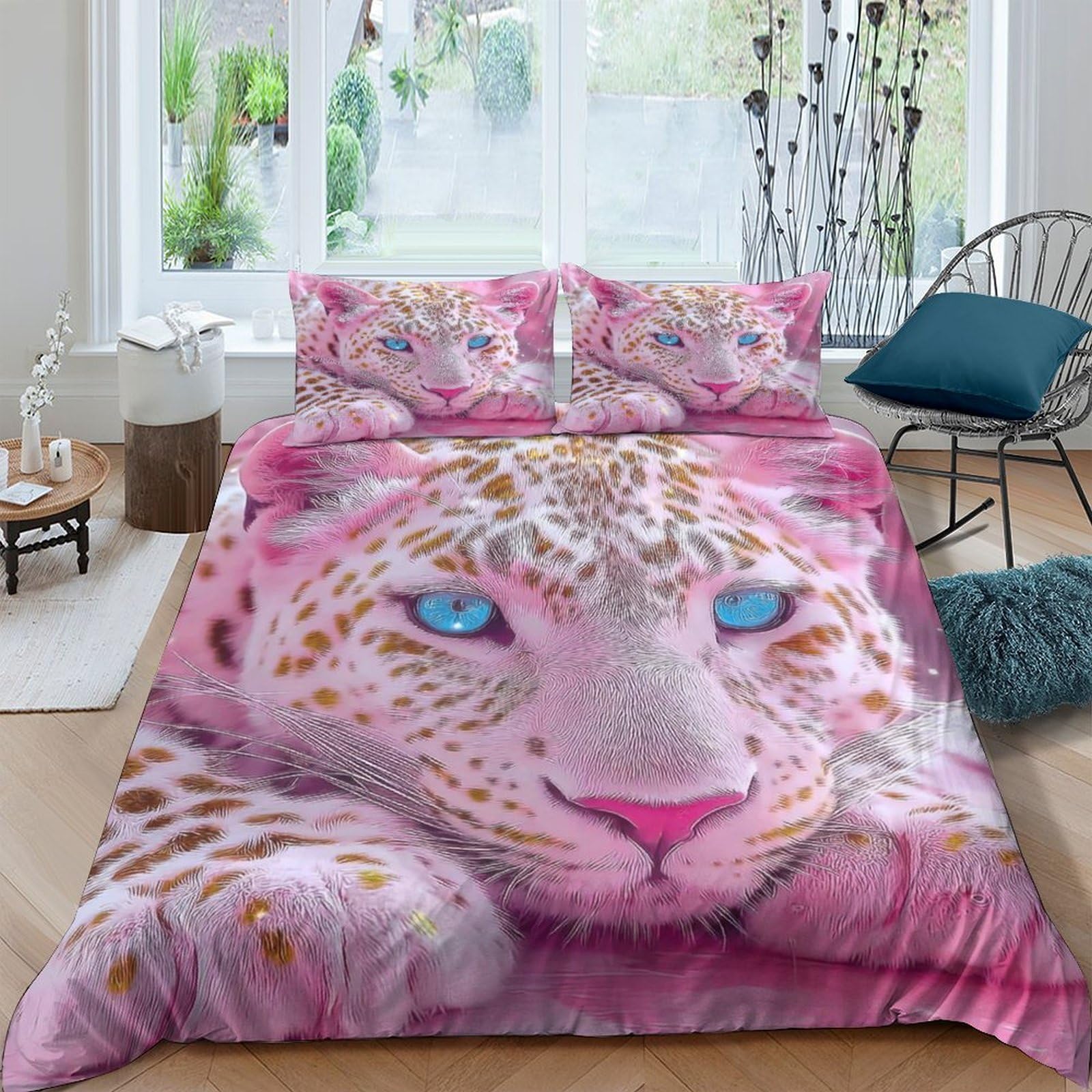 Ctjqhvkz Style-4 3D Printed Pink Leopard Fitted Sheet Microfiber Soft Anti-Slip Blue Eyes Mattress Cover For Bedroom Guest Room Decor Single（135X200cm）