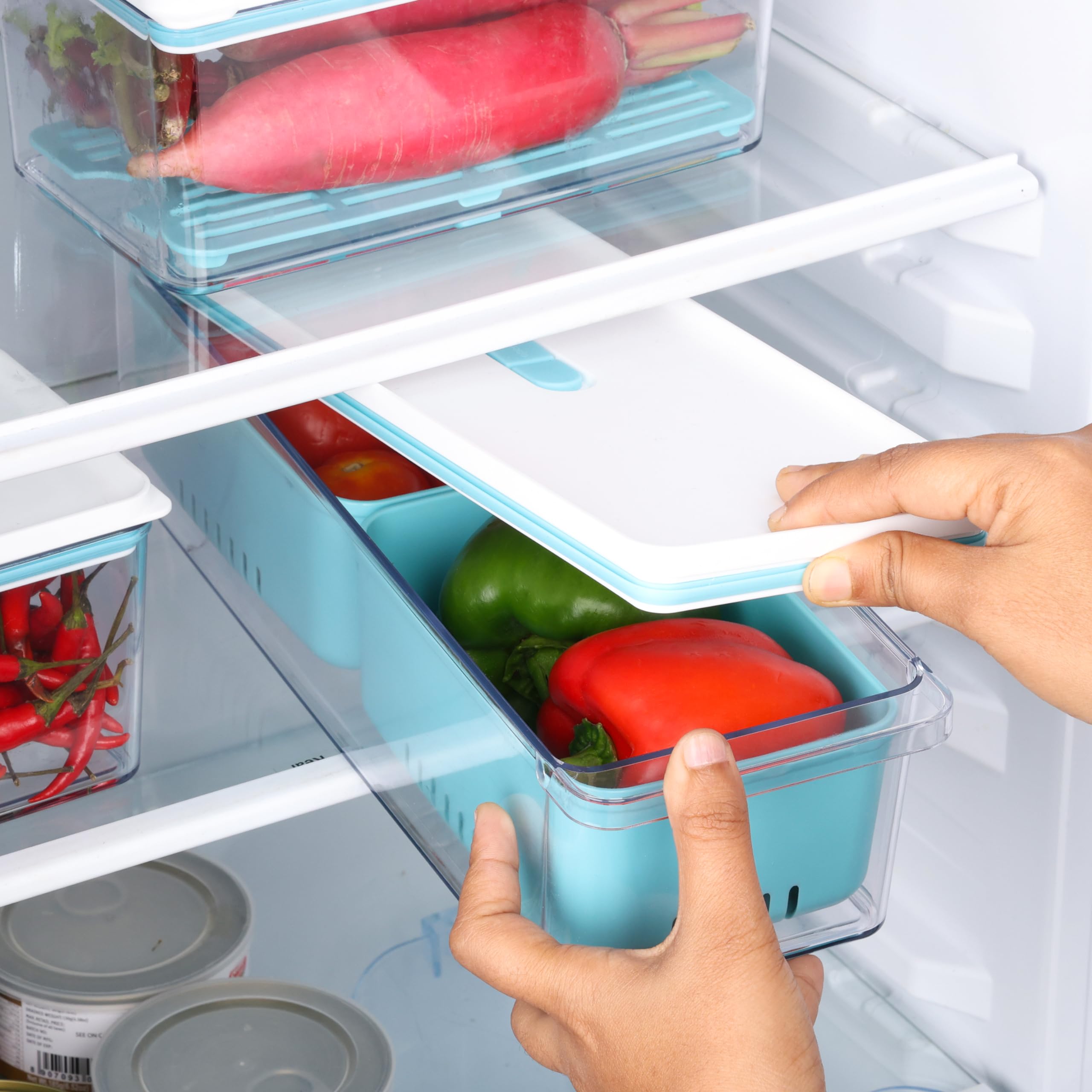 BELLE VOUS 3er-Pack stapelbare Gemüsebox - Obst Aufbewahrung mit Abtropfkörben - Gemüse Kühlschrankbox