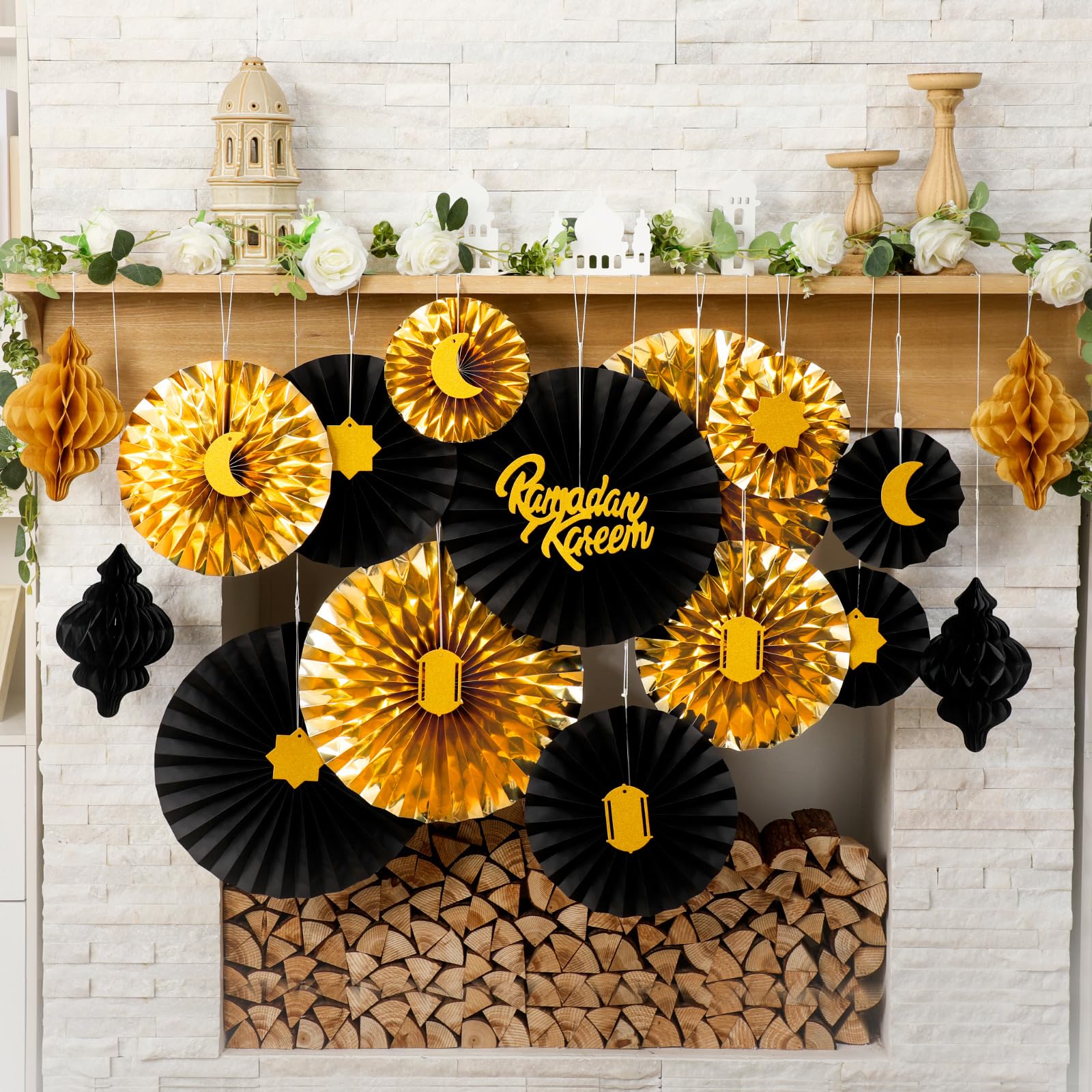 Epakh 29 Pcs Ramadan Decorations for Home Eid Decoration Ramadan Mubarak Paper Fan Honeycomb Banner Set Glitter Star Moon for Eid Mubarak Birthday Wedding Party Supply Home Decoration(Black & Gold)