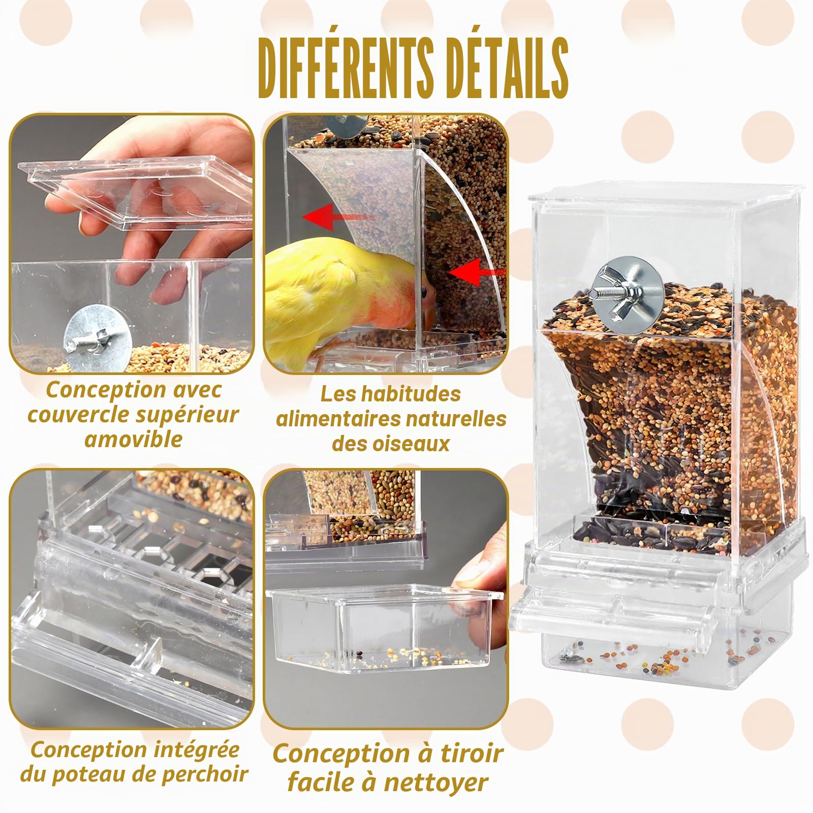 Distributeur automatique de nourriture pour oiseaux et distributeur d'eau : distributeur de nourriture transparent à suspendre pour oiseaux et distributeur d'eau pour perruches, calopsittes, canaris