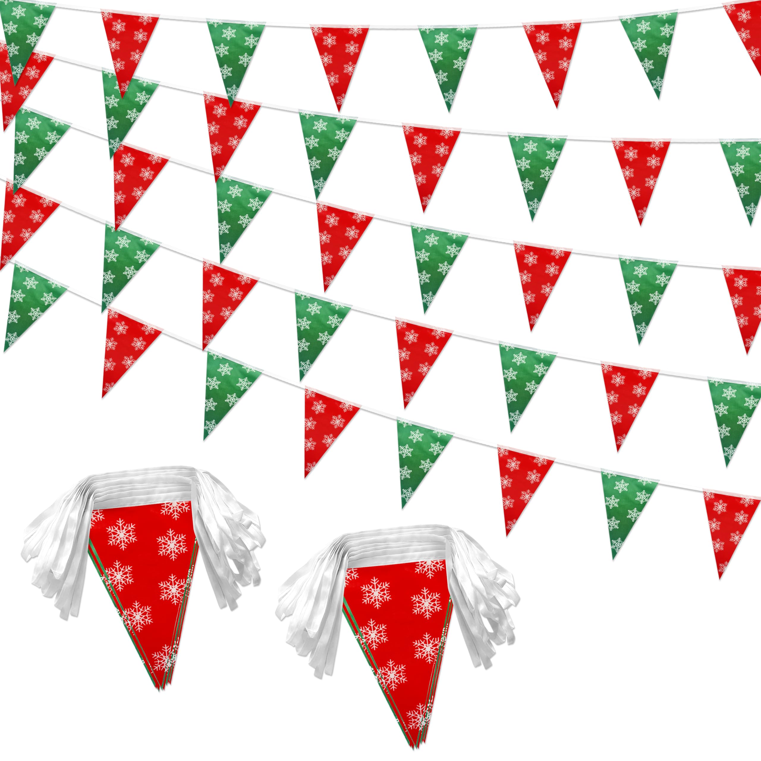 100 Feet Red Green Christmas Pennant Banner Flags String Triangle Bunting Garland with White Snowflakes for Christmas Tree Indoor Outdoor Shops Hanging Decoration,60 Pcs