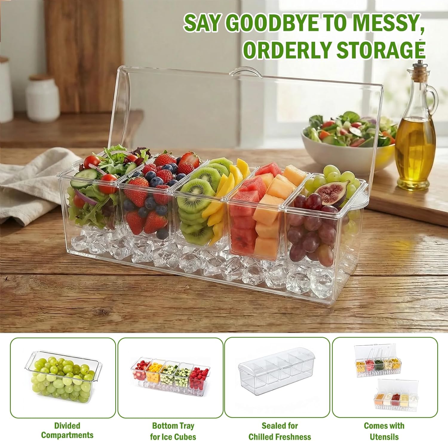 2 Pack Ice Chilled Condiment Caddy, 5 Removable Compartments for Mimosa Bar Supplies, Clear Condiment Tray with Hinged Lid, Stackable Serving Platter with 5 Spoons and 3 Clips for Parties