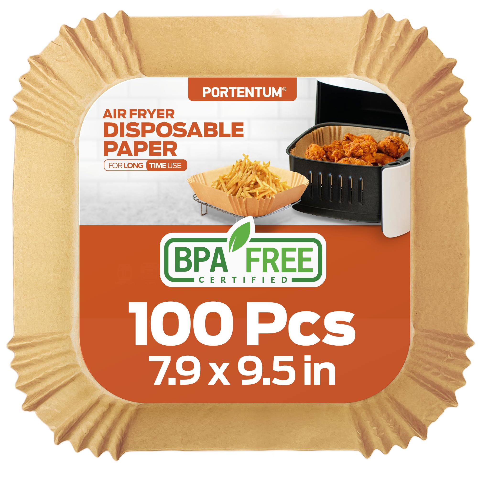 PORTENTUM Air Fryer Liners 100PCS Disposable, Unbleached and Greaseproof. Suitable from 5 to 8 liters. Food-Grade use Baking Paper BPA Free, FDA, and LFGB Certified