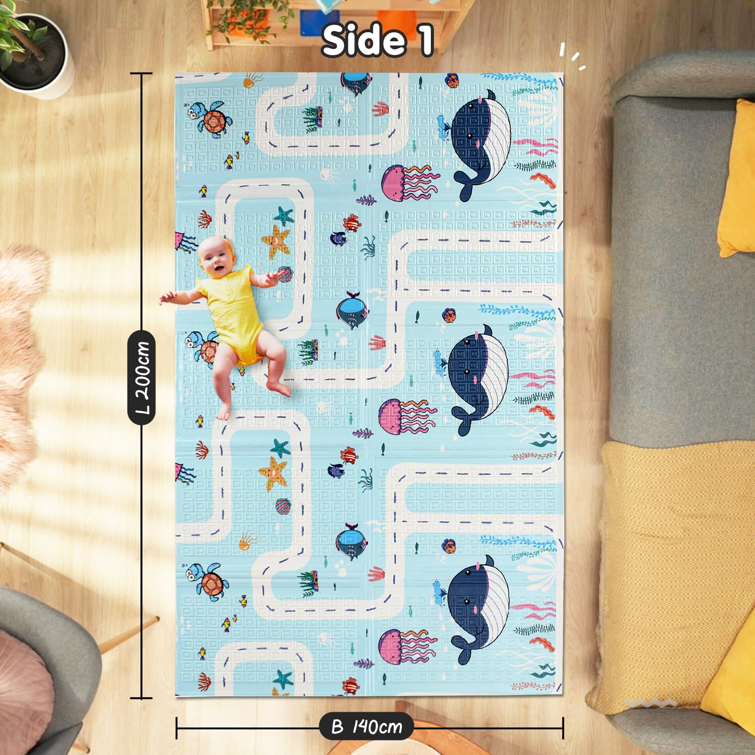 Intelliskills Premium Extra Large Reversible Play Mat for Babies,Learning&Crawling Foldable Baby Mat for Floor,Non-Toxic&Anti-Skid Play Mat,Waterproof,6.5x4.5 ft,0.6cm Thick(Jungle Animals&Ocean Life)