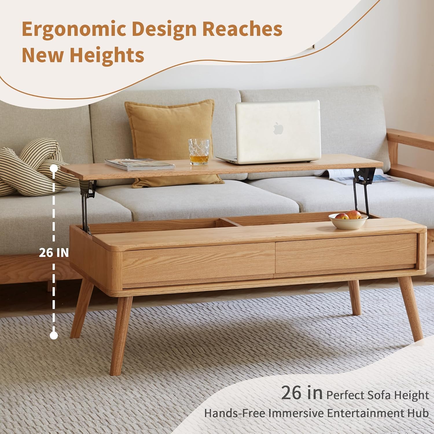 Wood Lift Top Coffee Table, 100% Solid Oak Wood Small Rising Dining Center Tables with Storage Shelf and Hidden Compartment for Living Room 48D x 26W x 26H