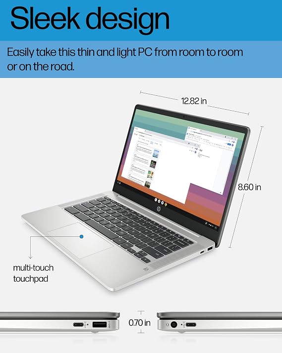 HP Chromebook 14 Laptop, Intel Celeron N4120, 4 GB RAM, 64 GB eMMC, 14 HD Display, Chrome OS, Thin Design, 4K Graphics, Long Battery Life, Ash Gray Keyboard (14a-na0226nr, 2022, Mineral Silver)