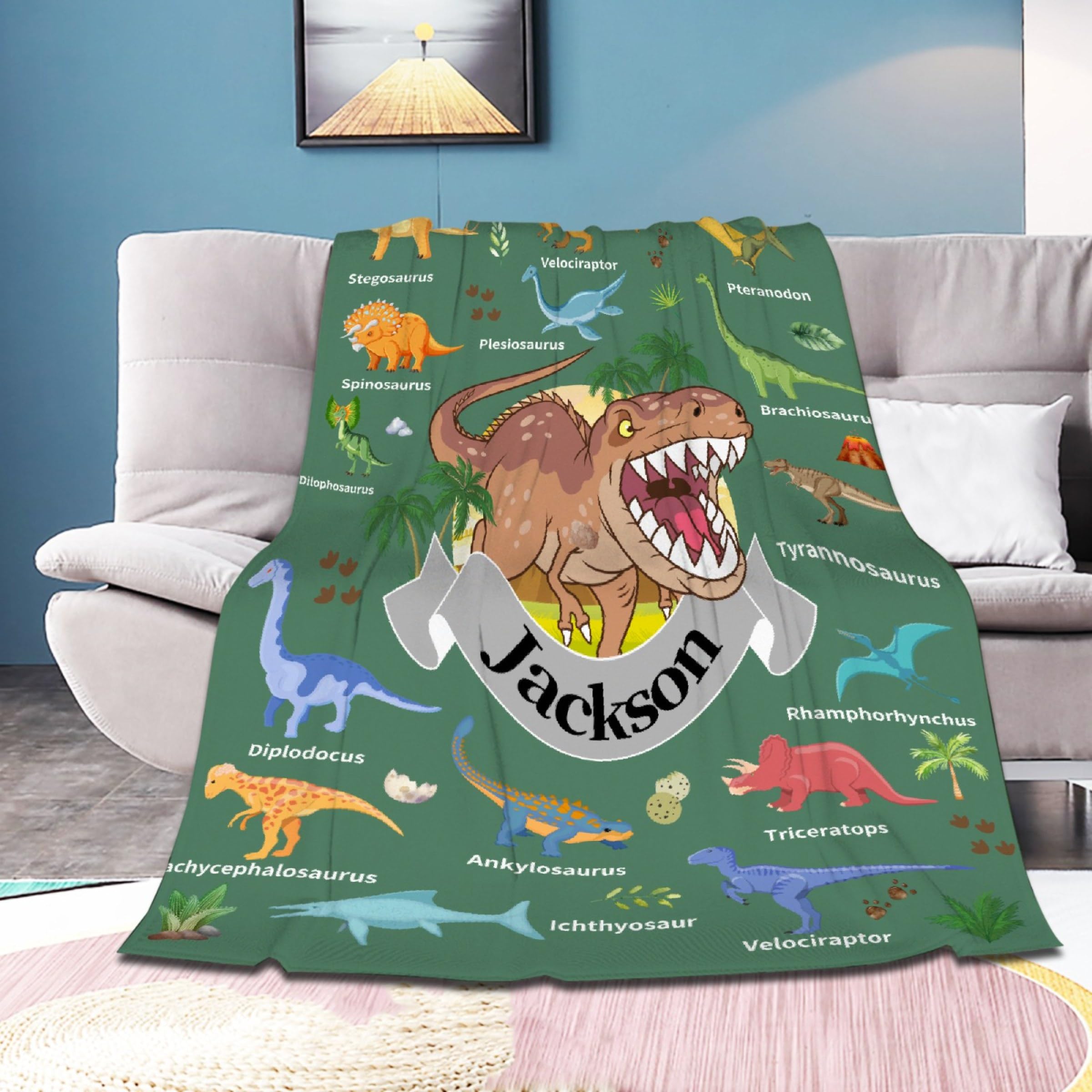 Personalized Dinosaurs Blanket Gift for Boy Girl,Custom Dinosaur Blanket