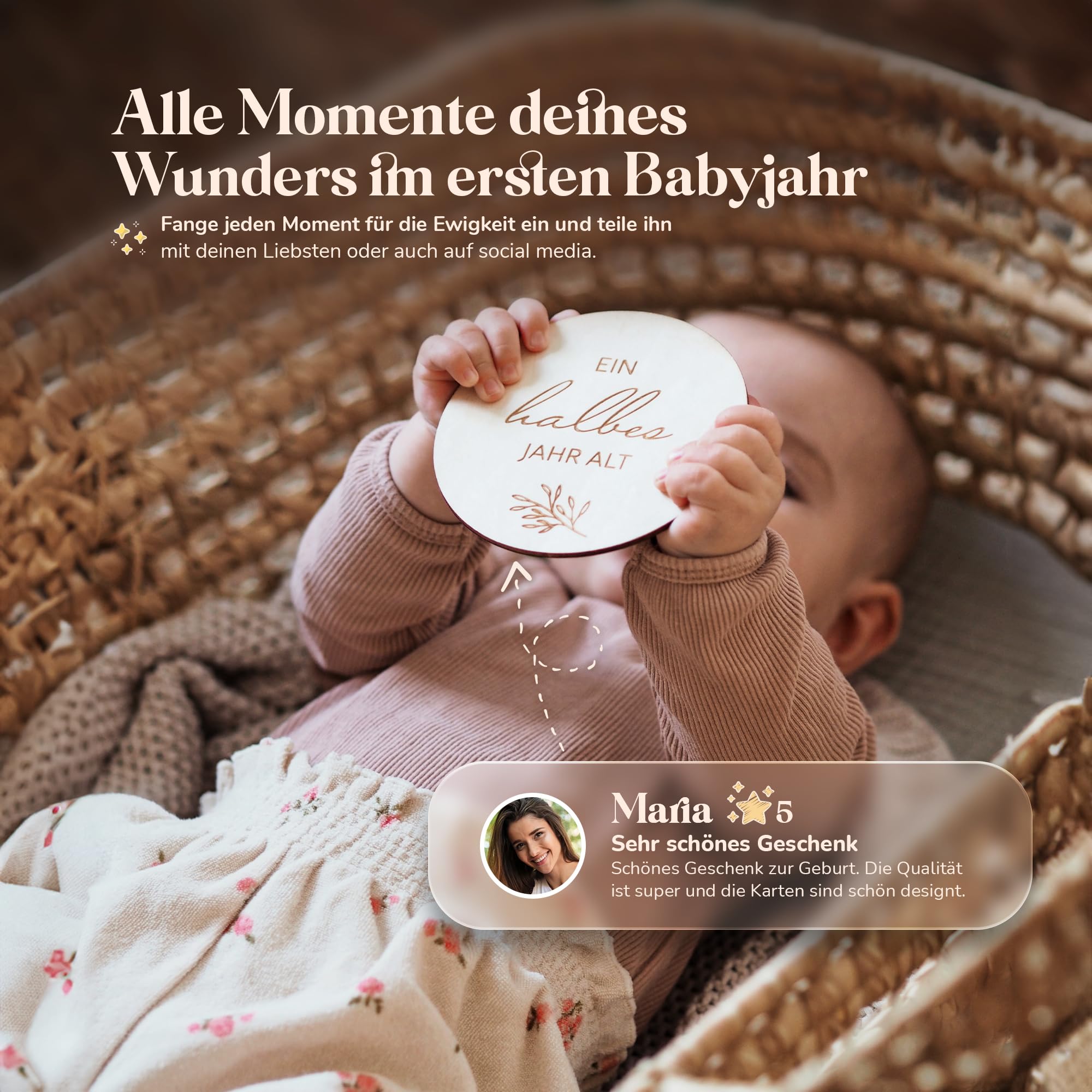 Holz Meilensteinkarten Baby auf deutsch - 30 Meilensteine auf edlen Holzscheiben als Geschenk zur Geburt/zur Babyparty für Schwangere, werdende Mütter, werdende Eltern.