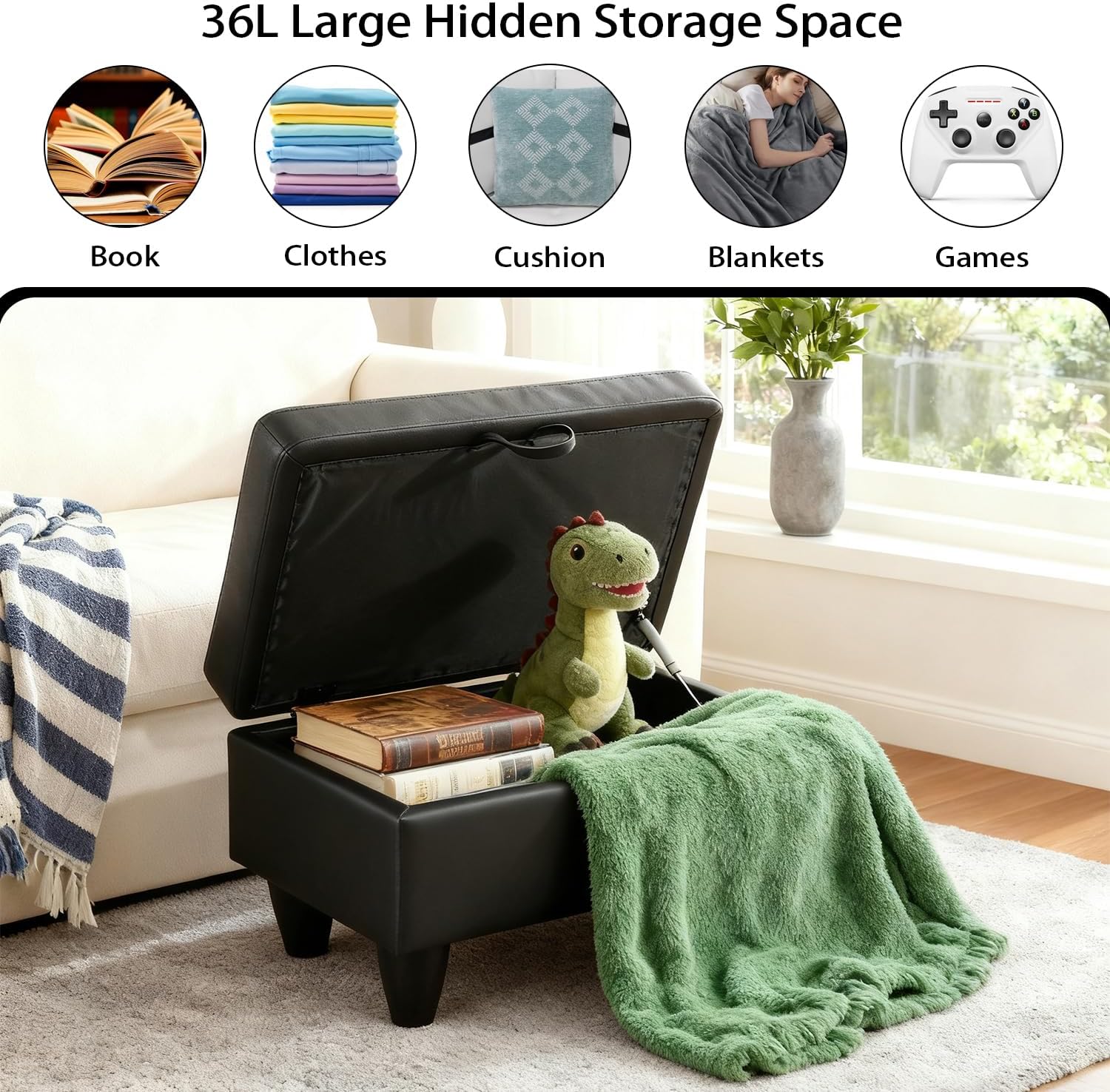 Leather Storage Ottoman Footstool Bench for Living Room Furniture,28.5" Large Square Foot Rest Stool Coffee Table,Leather Sofa Chair for Home Decor,Living Room,Bedroom,Apartment,Rv Car(Black)