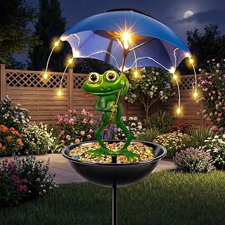 VBIOA Solar Frog Bird Feeder with LED Umbrella Lights - Weatherproof Garden Stake Decor, Pathway Lights & Yard Ornament
