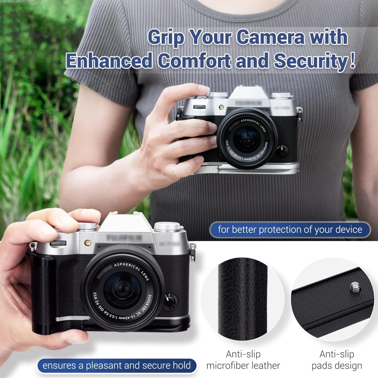 X-T50 Handgrip,L-Shape Bracket Handle for Fujifilm X-T50 XT50 Camera with Built-in Arca Quick Release Plate & Battery Compartment Opening,X-T50 Hand Grip Holder Anti-Slip Pads Design - Silver - Image 2