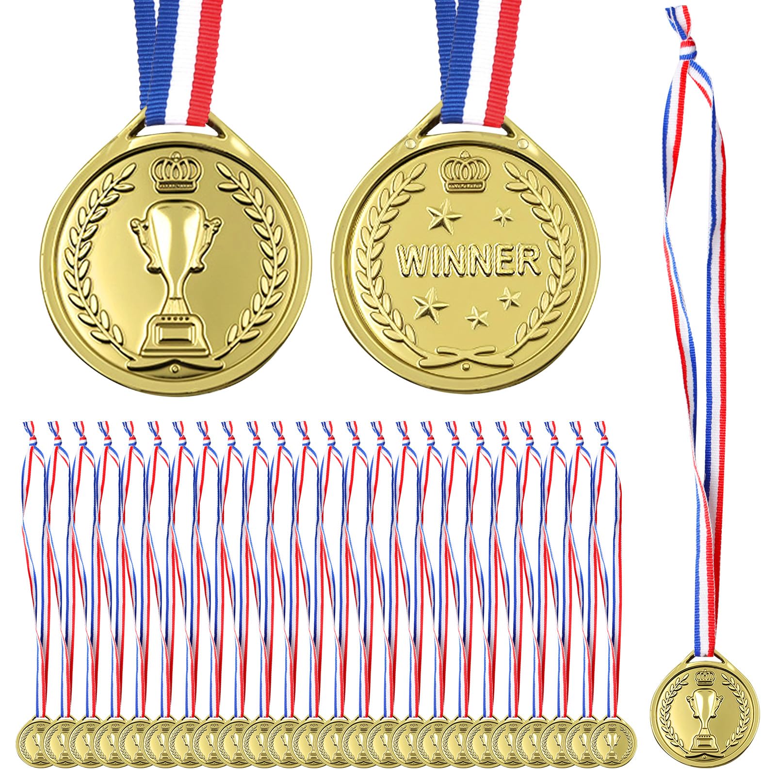 Aicharynic Medallas para niños, 100 unidades, medallas de plástico, medallas de oro con collares, medallas de cumpleaños infantiles para la escuela/día deportivo, cumpleaños infantil, fiestas, juegos