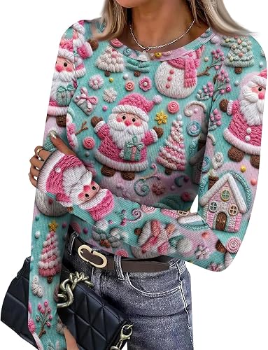 Christmas Underscrub Long Sleeve for Women Cute Print Ribbed