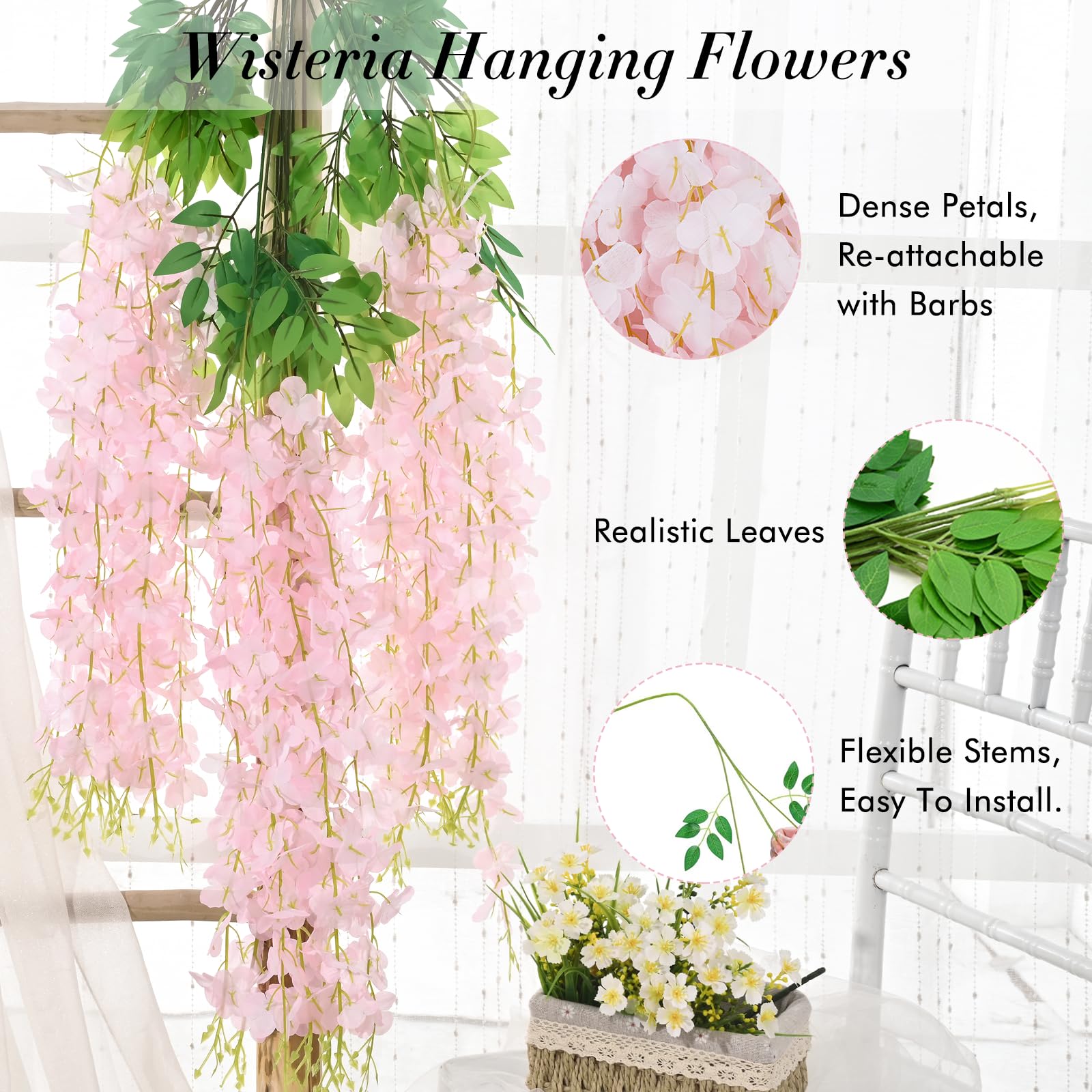 Photo 1 of 40 Pack Light Pink Wisteria Hanging Flowers, Fake Hanging Flowers for Decoration, Artificial Hanging Flowers,Vines for Bedroom,Flower Garland for Home,Party,Garden, Wall,Wedding Decoration(3.6 Ft/Pcs)