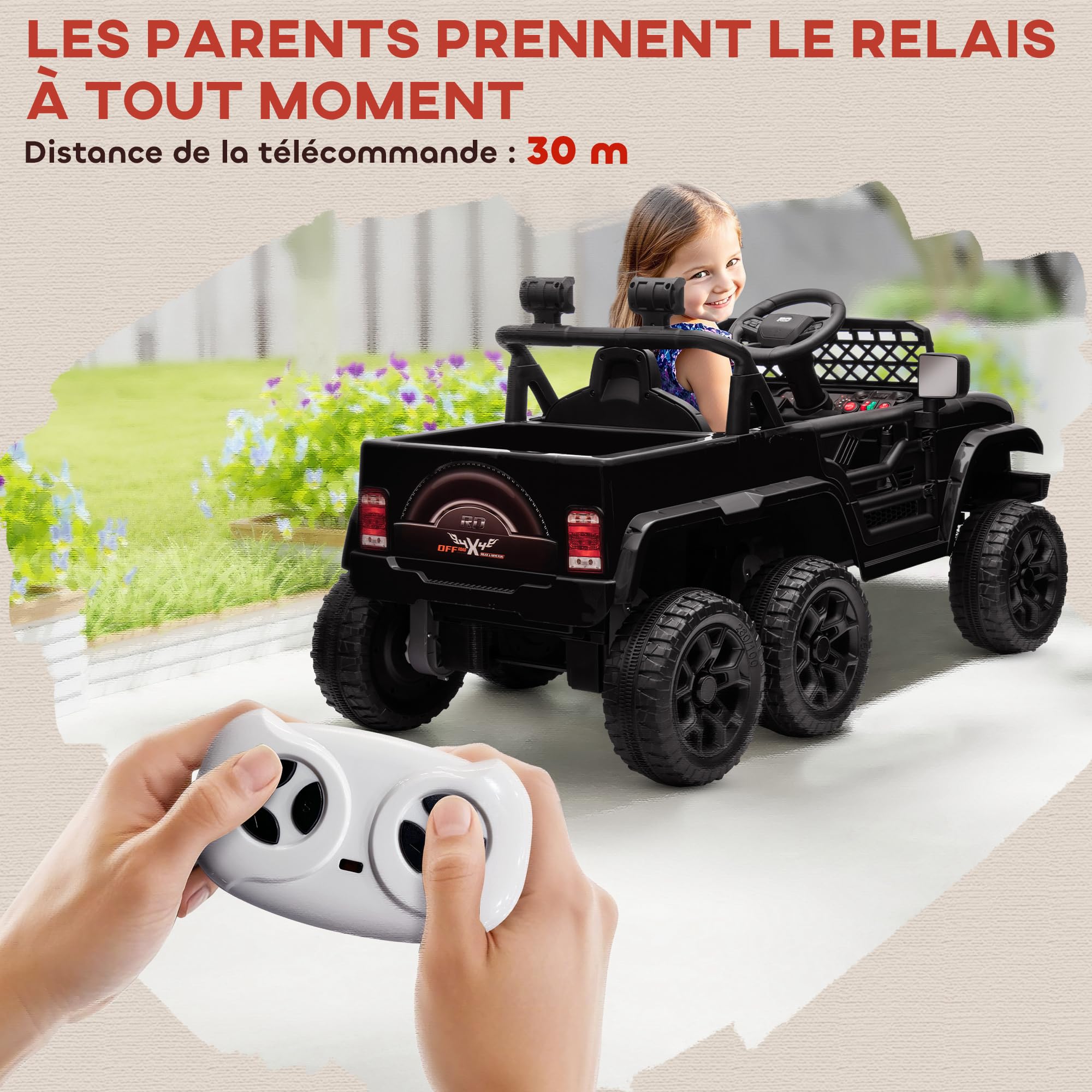 AIYAPLAY Samochód elektryczny dla dzieci 4 x 4 6 kół 2 silniki 122 x 62,5 x 65 cm czarny | Elektryczny buggy dla dzieci, tryby 4x4 i 2x2, pilot 2,4G, 12 V, 3 prędkości, przyczepa tylna, muzyka, światła LED