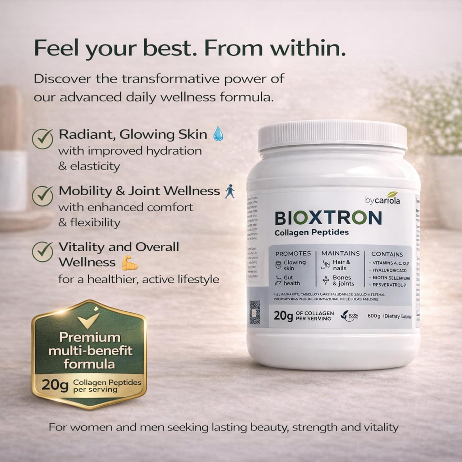 Bioxtron Collagen Peptides Powder - Unflavored, Type I Bovine with Stem Cell Renewal for Hair, Nail, Skin, Gut, Bone & Joint Health Support - Hyaluronic Acid, Protein, Biotin - 600g (30 Servings)