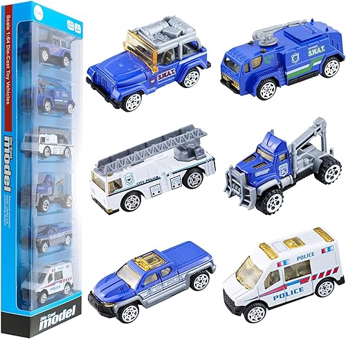 BenRich Juego de 6 mini coches de aleación de metal fundido a presión a escala 1/64, escalera, torre de agua, ambulancia, coche de patrulla de
