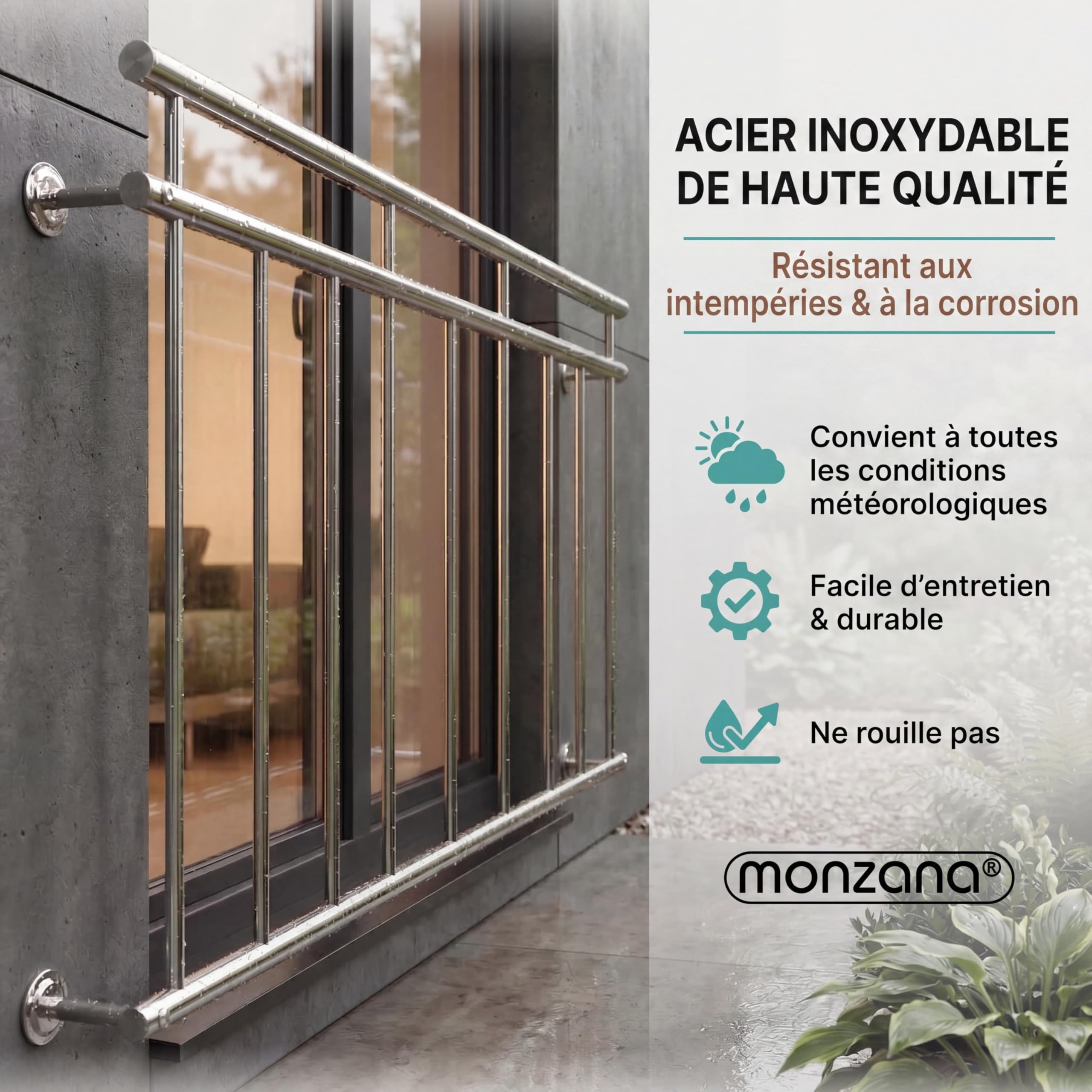 MONZANA® Balustrade de balcon français 128 cm acier inoxydable main courante garde-corps sécurité fenêtre barreaux