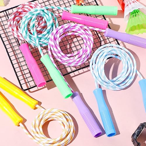 Miniatura 5 de Aoriher Cuerda de saltar para niños, cuerdas de rayas con asas de plástico, 8.2 pies, nailon ajustable, pesado, trenzado, cuerda de saltar para