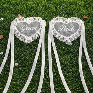 Breling Lace Just Married Wedding Chairs Covers, 2 Set of for Bride and Groom Chair Signs with Ribbon Decor, Vintage Heart Sheer Lace Sweetheart Table Seating Decor for Wedding Reception Ceremony