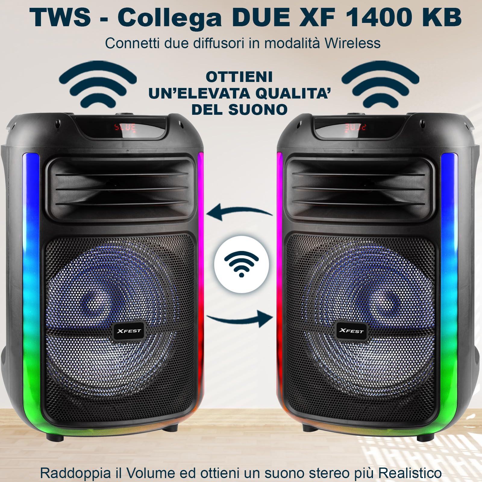 Trevi XFest XF 1400 KB Speaker Wireless 100W, Altoparlante Portatile con Microfono Con Cavo Incluso, Ingressi USB, Micro SD, AUX-IN e Guitar, Funzione TWS, Batteria Ricaricabile Integrata