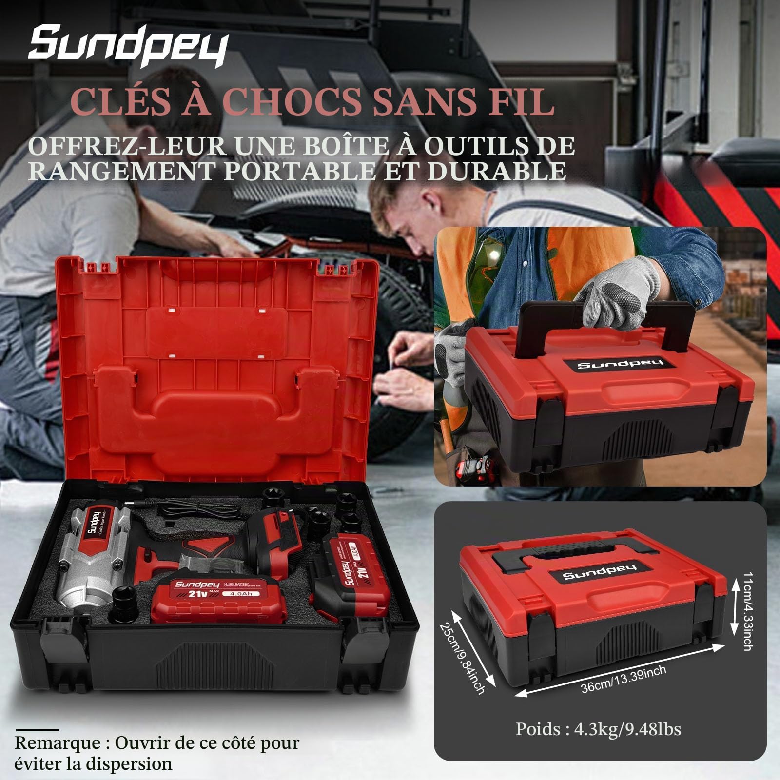 Sundpey Cle a Choc Sans Fil Brushless 1/2" 1200 Nm, Boulonneuse a Choc Brushless avec 6 Douilles à Choc, 2 Batteries 4.0Ah Longue Autonomie, Charge Rapide, 2 Lampes LED, pour Boulonner et Déboulonner