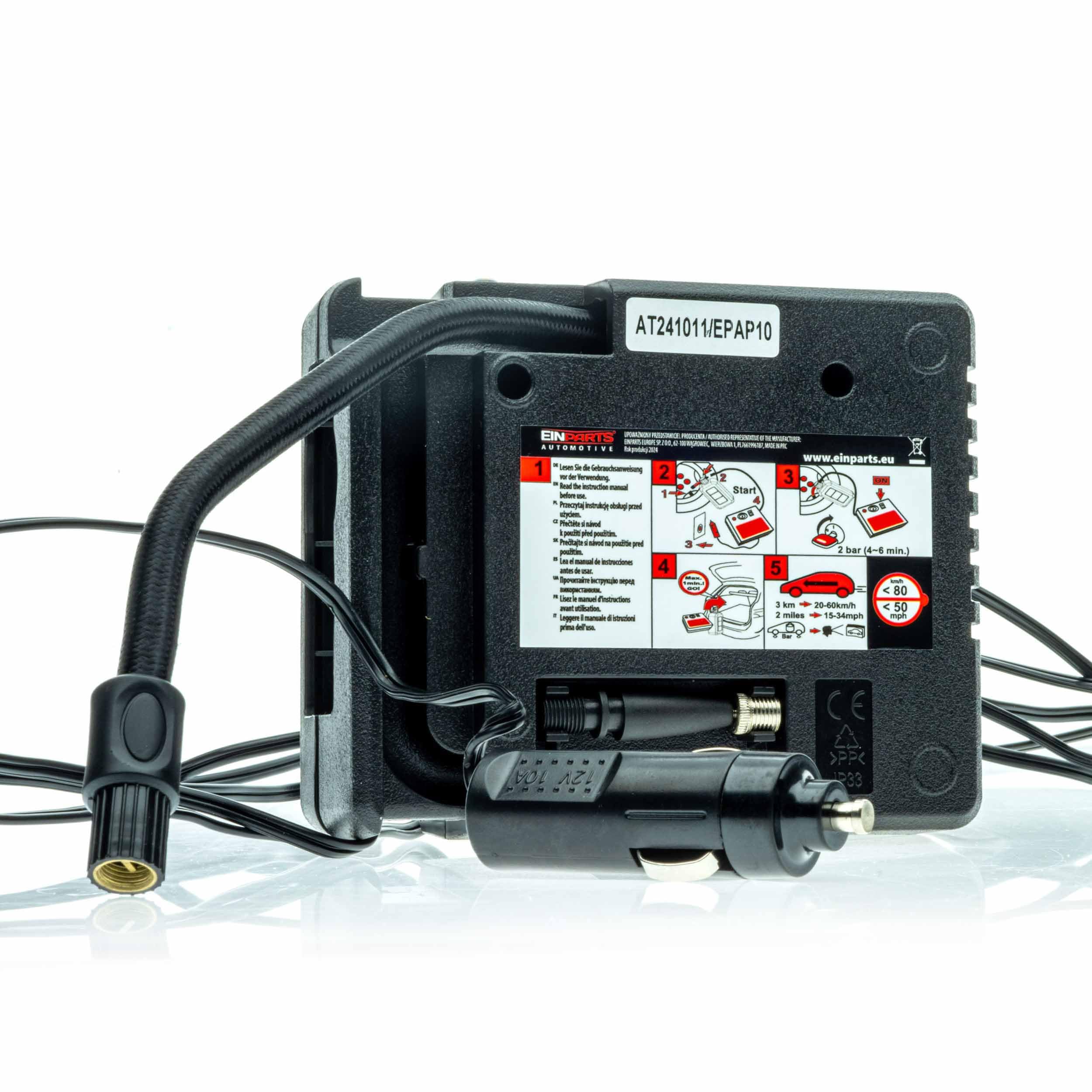 Kompresor 120W z Płynem Uszczelniającym 400 ml do Opon | Zestaw naprawczy, Maks. 90 psi/6,2 bar, Zgodny z TPMS, Wbudowana lampka LED, Wtyczka samochodowa