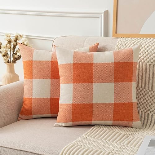 UGASA - Juego de 2 fundas de almohada clásicas de lino a cuadros de otoño, fundas de cojín decorativas de lino a cuadros retro para sofá, cama,