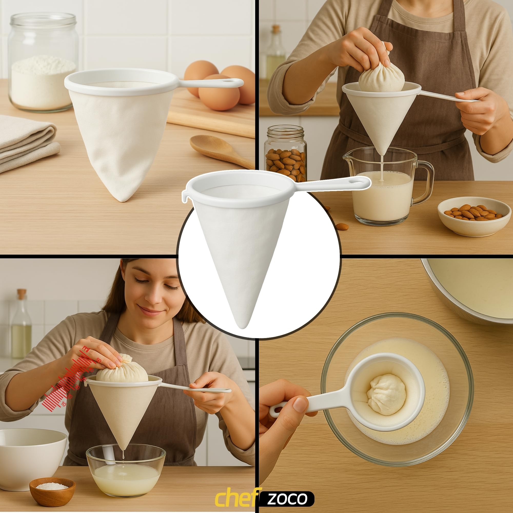 Colador de Cocina Multiuso de Tela, Colador kefir, Utensilio para colar cafe, Filtro Eficiente para Aceite y Jugos, Mango de plástico, Con 2 ganchos de sujeción, Diámetro del colador 10 cm - imagen 5