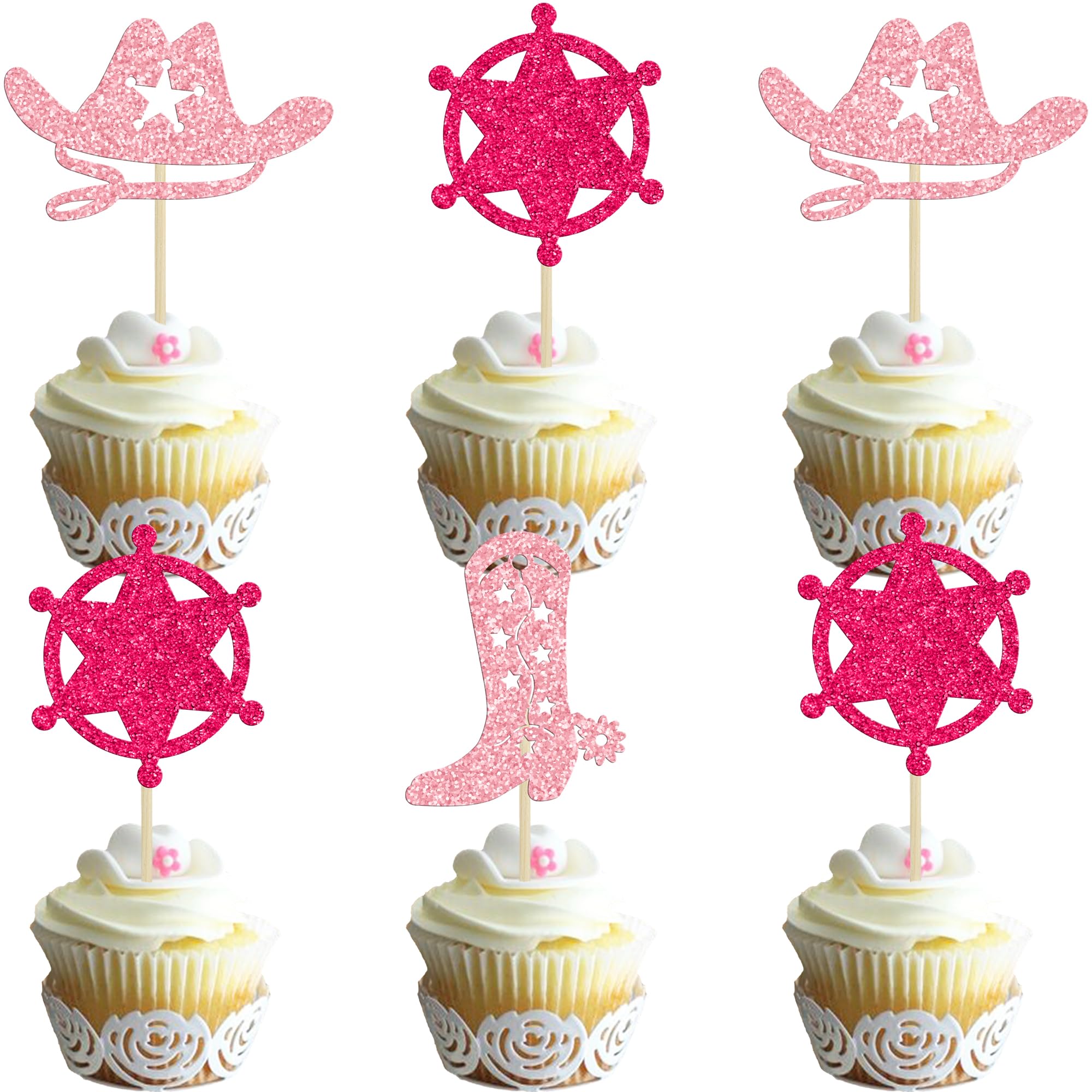 Gyufise 24Pcs Cowboy Cupcake Toppers Hat Boot Cupcake Picks Western Birthday Gender Reveal Theme Party Decorations for Western Baby Shower Party Cake Decorations Rose Red Pink