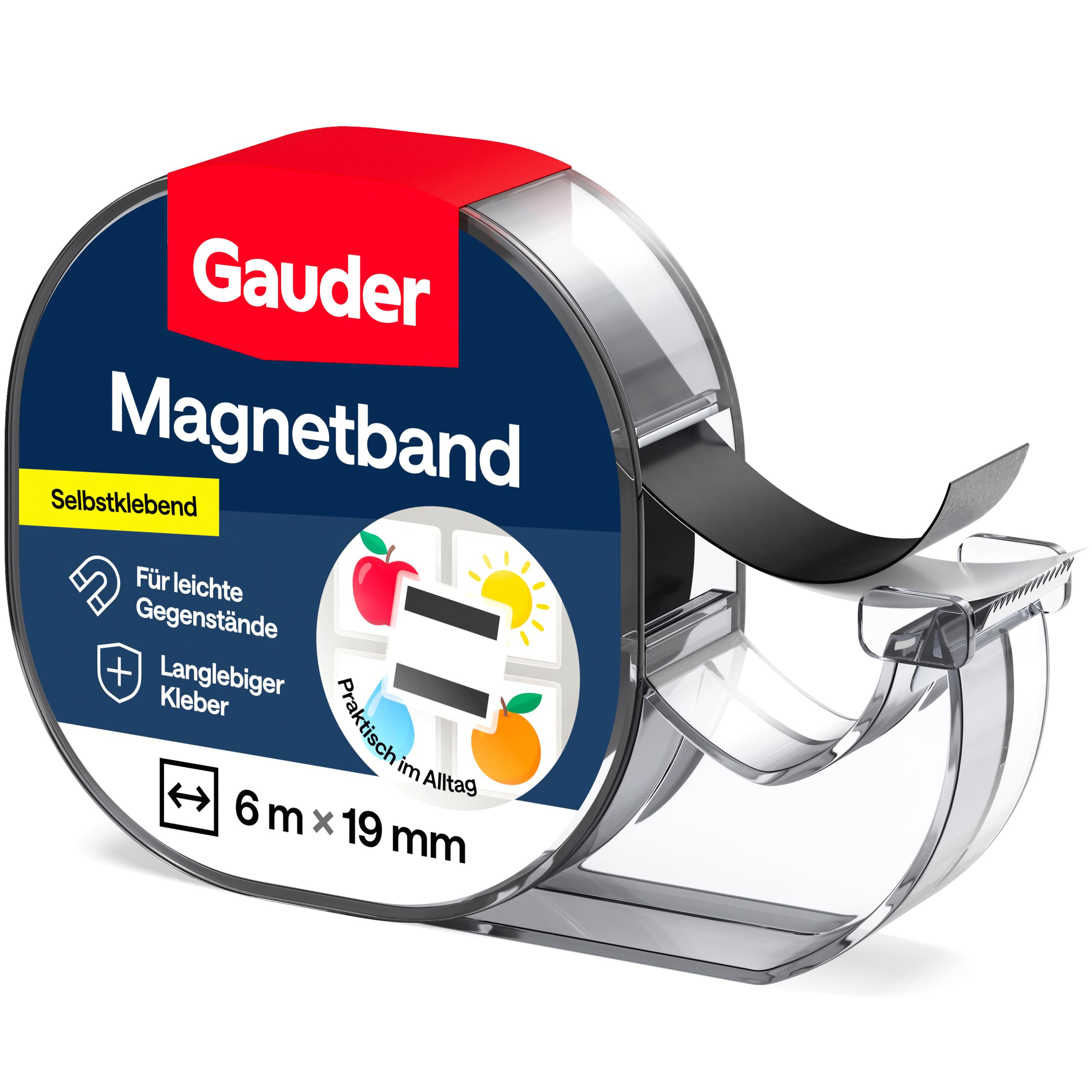 GAUDER Magnetband im Spender - Selbstklebender Magnetstreifen im Abroller für leichte Gegenstände - Zuschneidbares Magnetklebeband zum Befestigen von Postkarten & Fotos auf Metallflächen (6 m x 19 mm)