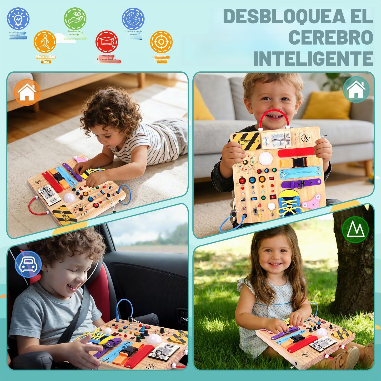 Montessori Busy Board 23 en 1 para niños pequeños a partir de 1 año, juguete de madera con 15 interruptores, 26 luces LED, caja de música, cremallera y castillo, juguete sensorial para niños de 1 a 3