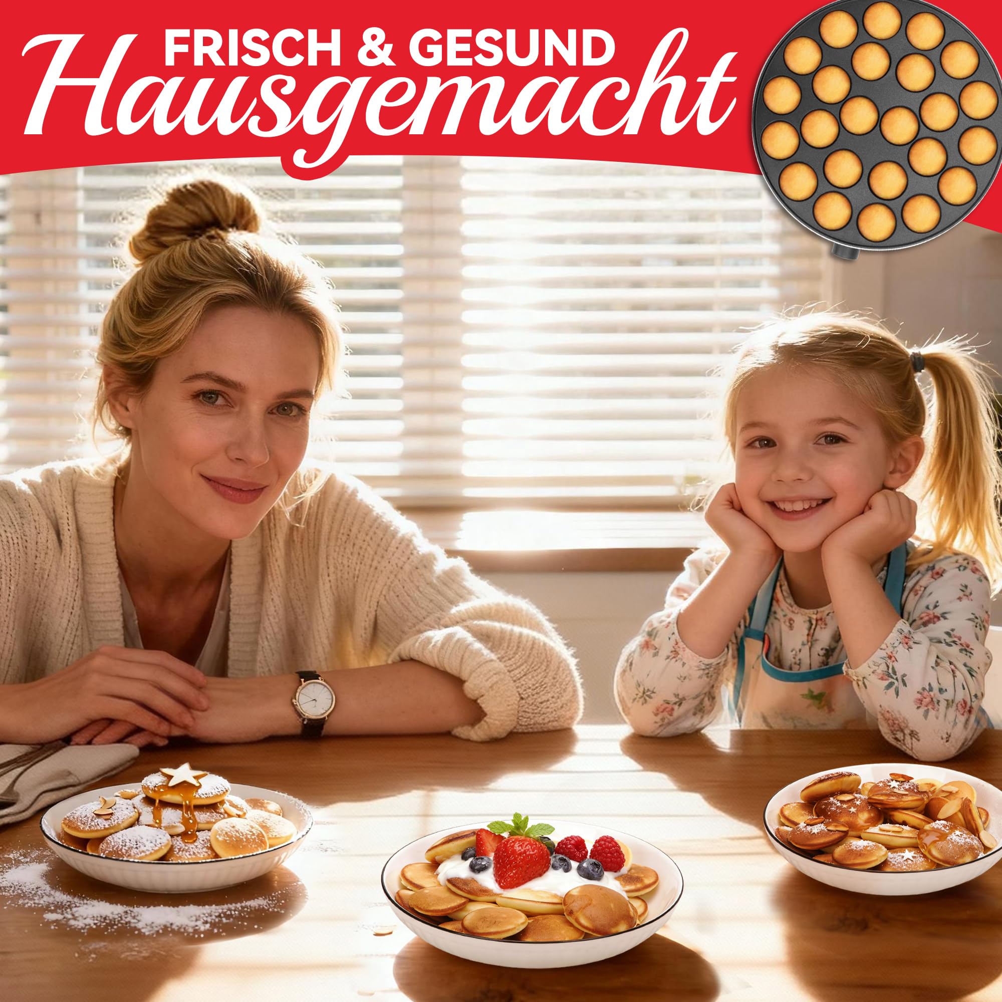 SugarWhisk 24-Fach Mini-Pfannkuchen-Maschine, Elektrische Aebleskiver- und Poffertjes-Herstellungspfanne, Dänische Pfannkuchen-Maschine, Cake-Pop-Hersteller, Holländische Pfannkuchen-Maschine, weiß