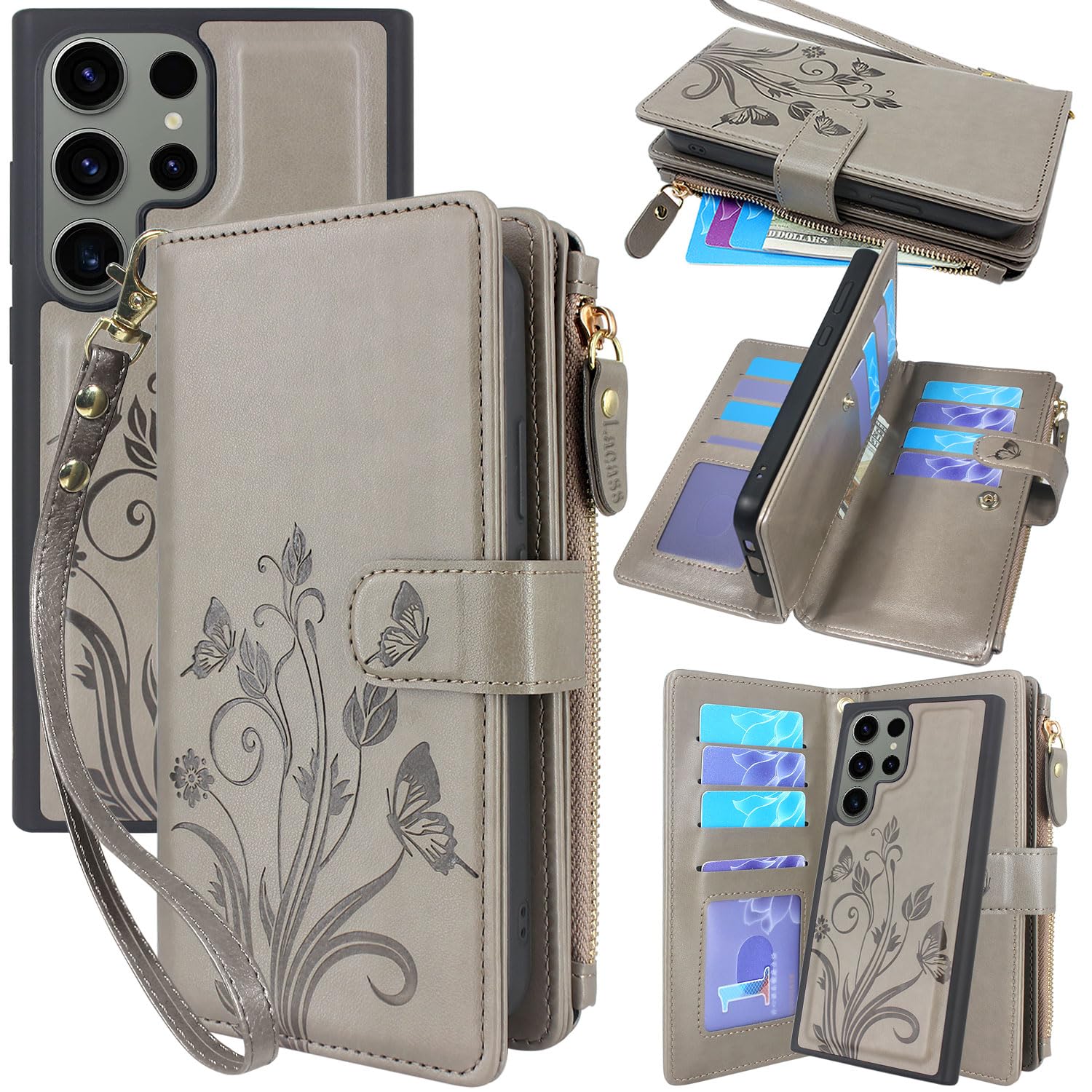 Lacass Compatible with Samsung Galaxy S23 Ultra 5G 2023 Case,[12 Card Slots] ID Credit Cash Holder Zipper Pocket Detachable Magnet Leather Wallet