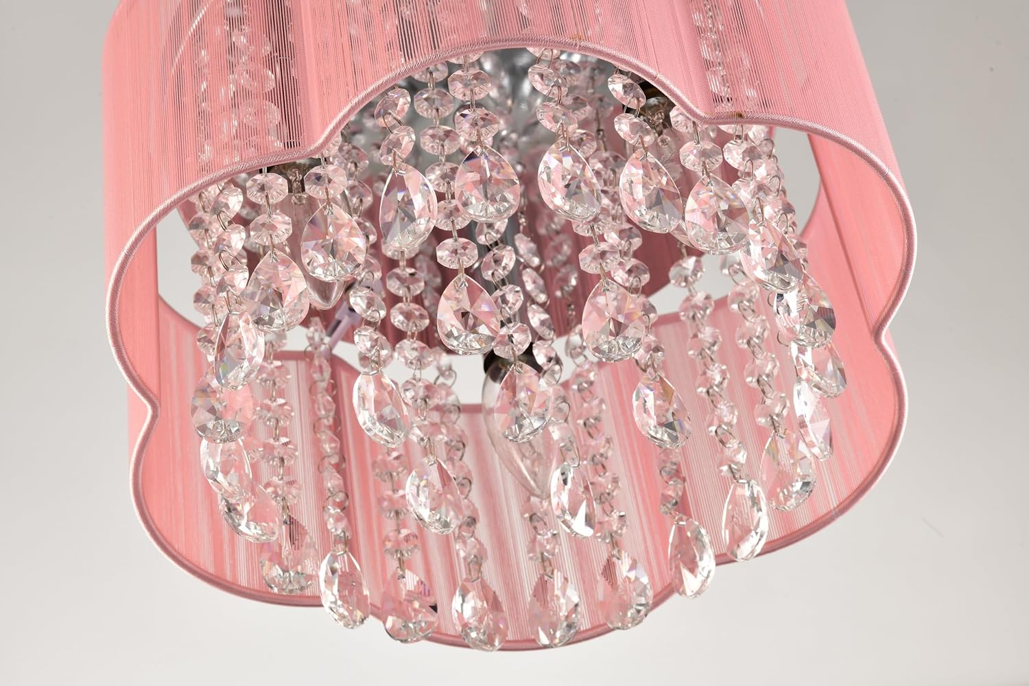 Close-up of crystal pendants on the chandelier
