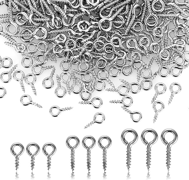 ASTER 300 Pieces Small Eyelet Screws Eye Pins Hooks, 3 Sizes Eye Screw Hooks Eyelets Screw Threaded Mini Stainless Steel Eyelet Screws Hooks for Jewelry Making DIY Art Craft 8/10/12MM
